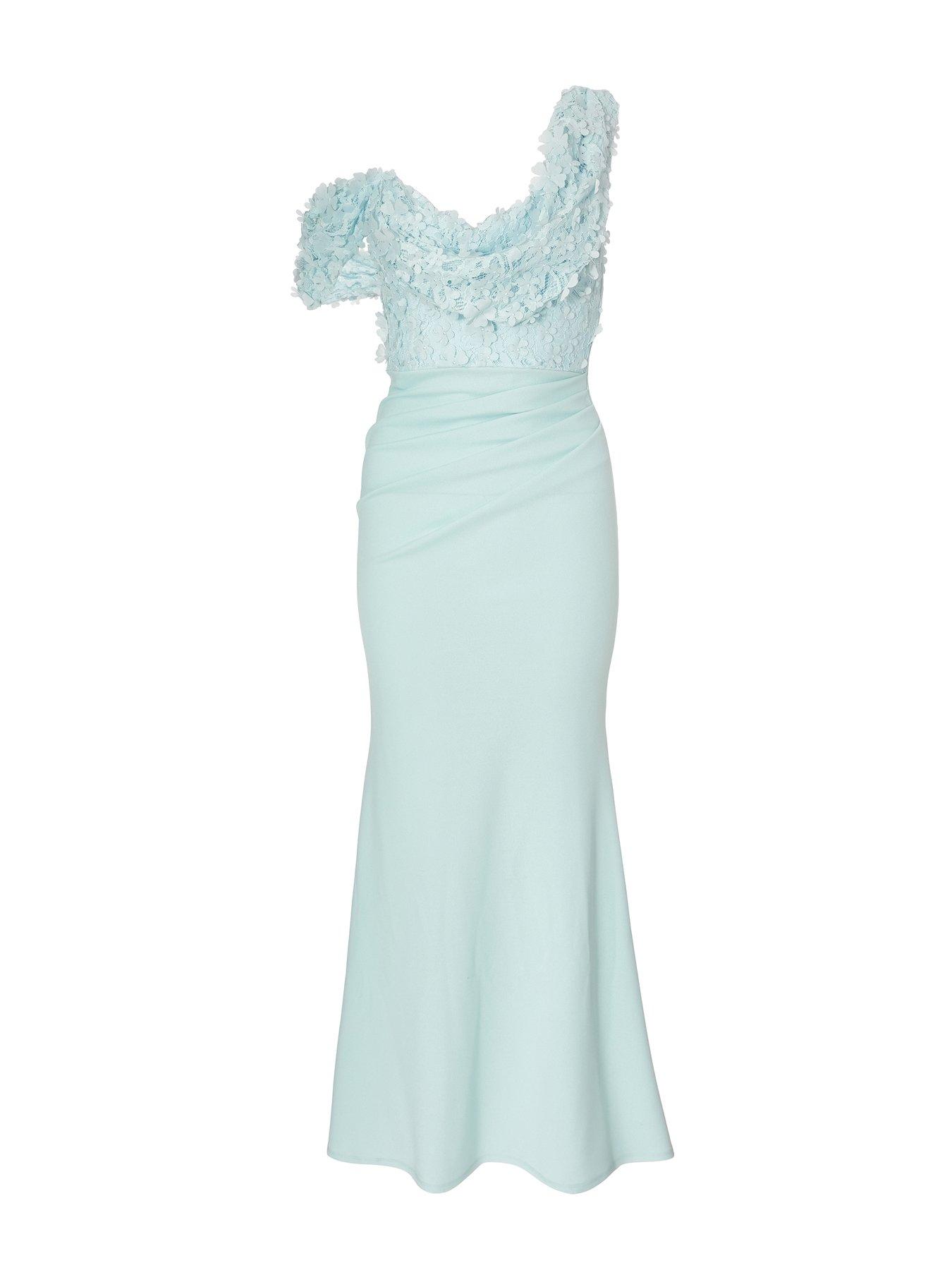 Image 4 of 6 of Quiz Petite Pale Blue Floral Ruched Maxi Dress
