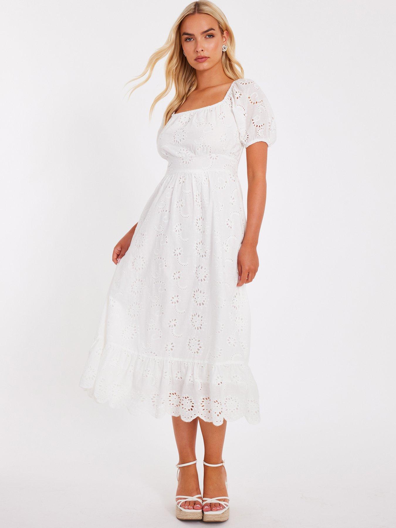 undefined White Embroidered Midi Dress