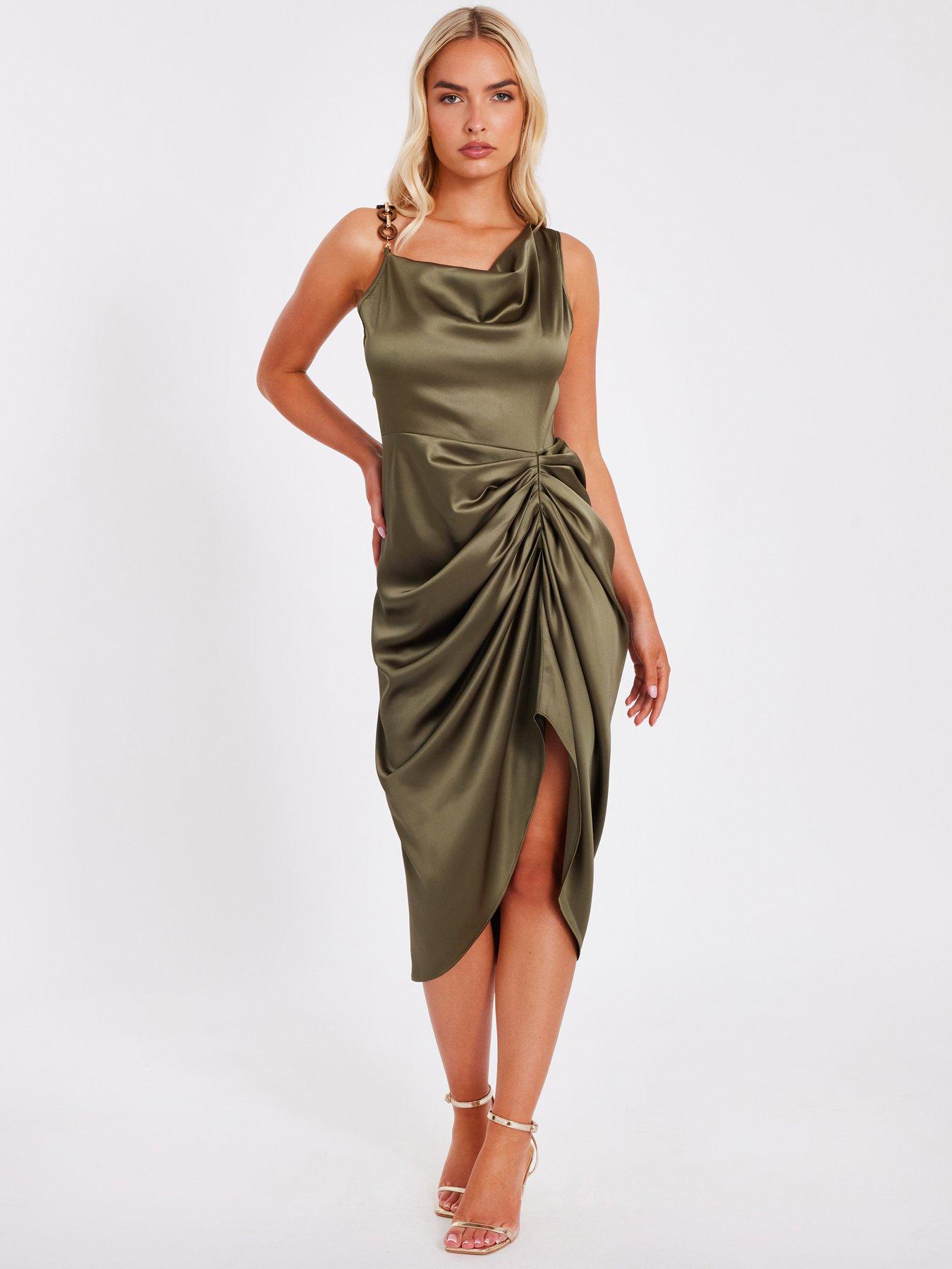 undefined Khaki Satin Ruched Midi Dress