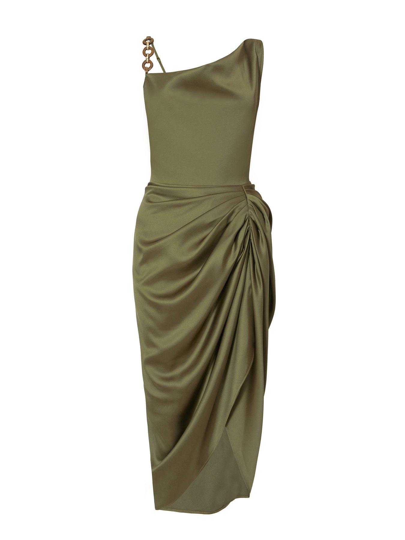 quiz satin ruched midi dress Quiz Khaki Satin Ruched Midi Dress
