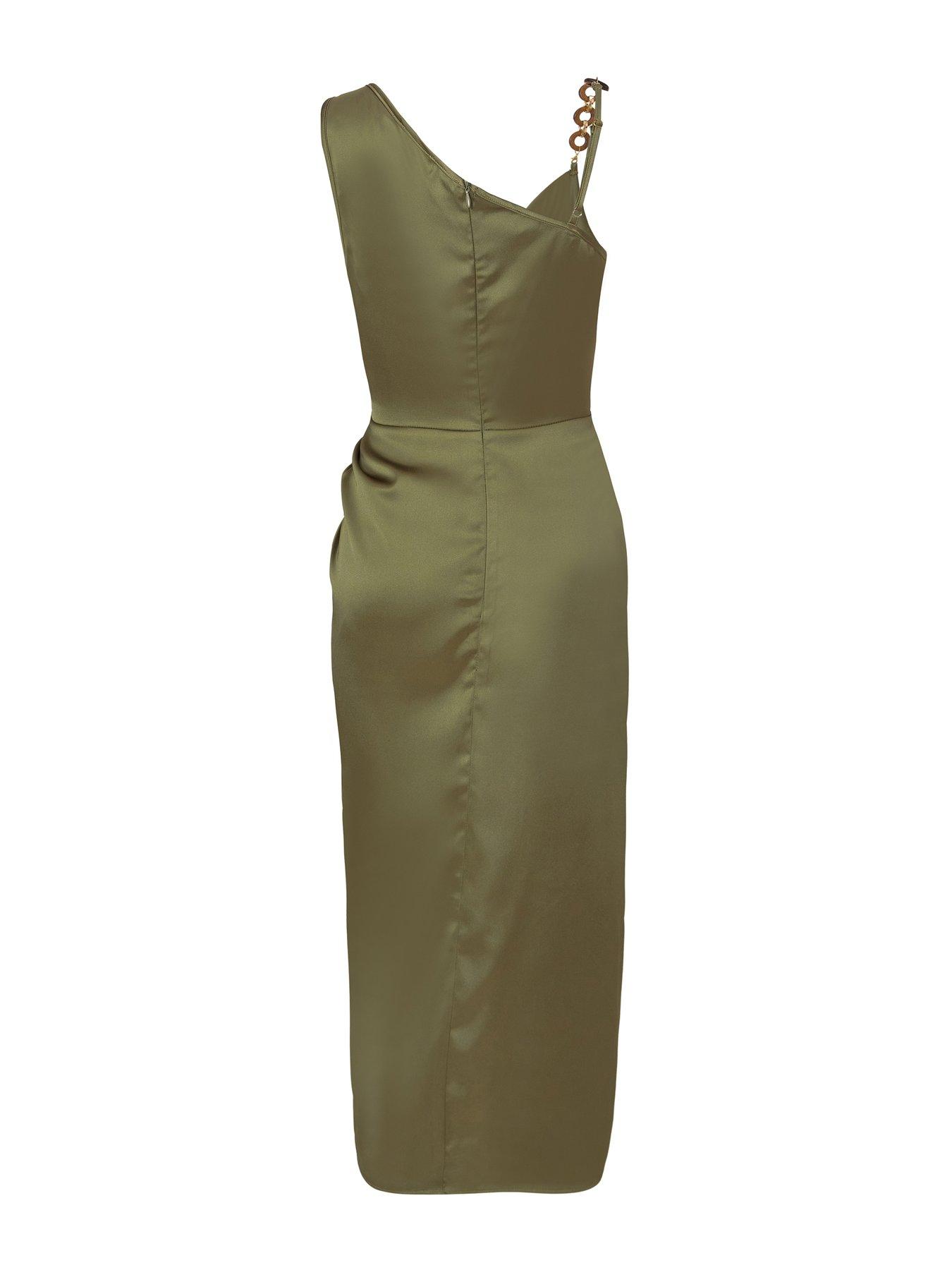 quiz satin ruched midi dress Quiz Khaki Satin Ruched Midi Dress