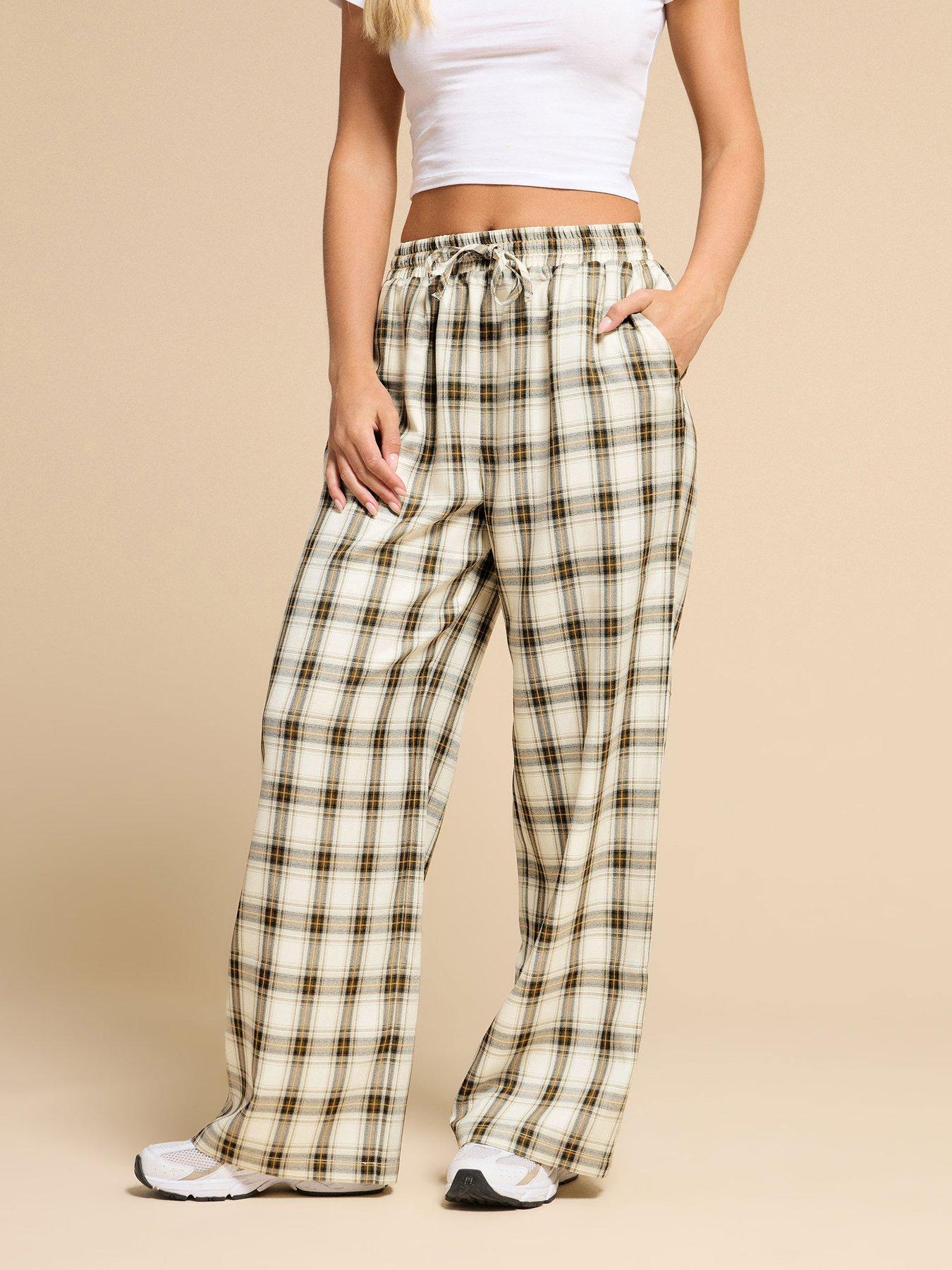 undefined Petite Check Wide Leg Pull On Trouser - Brown