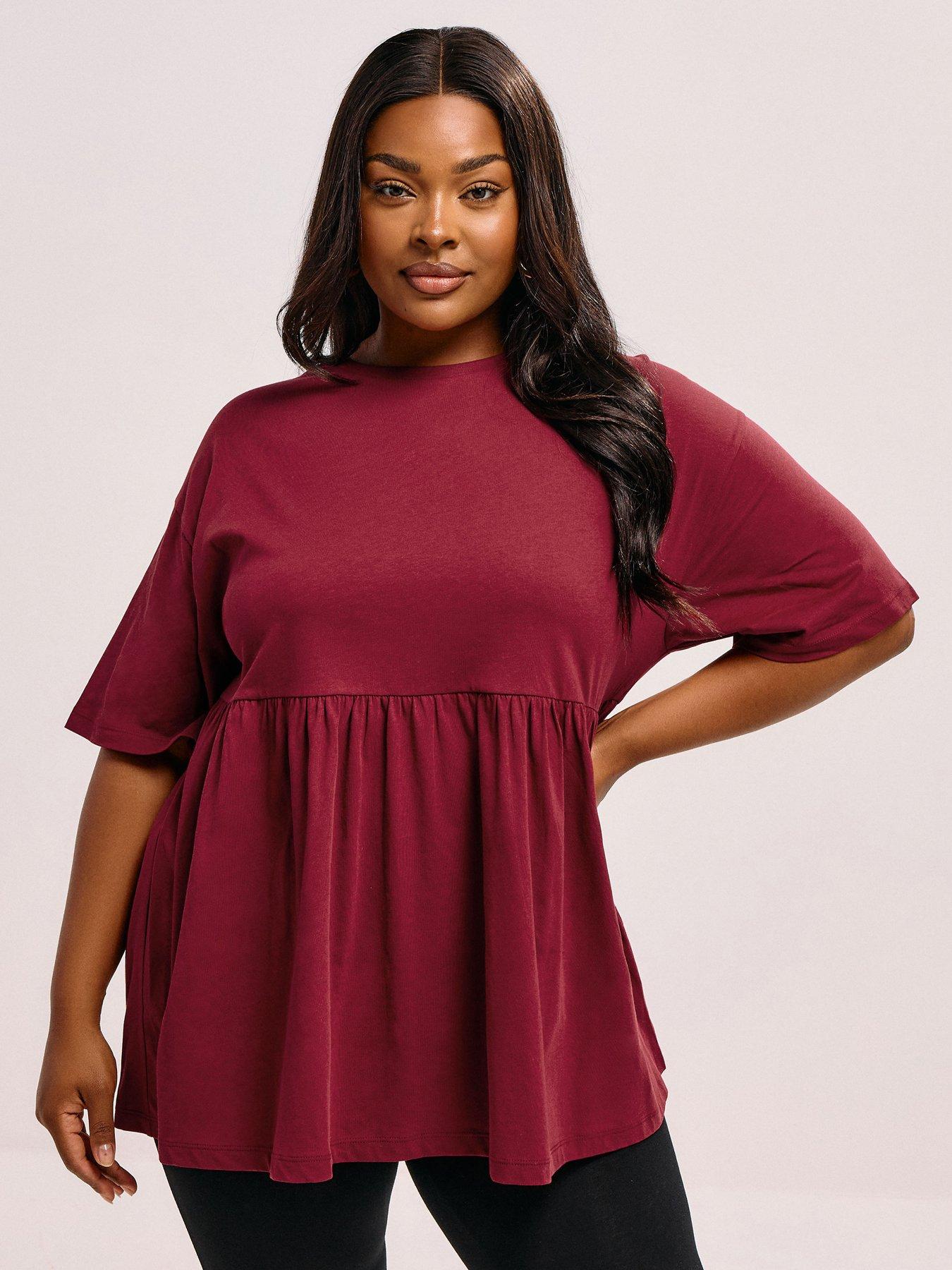 Image 1 of 5 of Yours Curve Short Sleeve Peplum Top - Burgundy Red