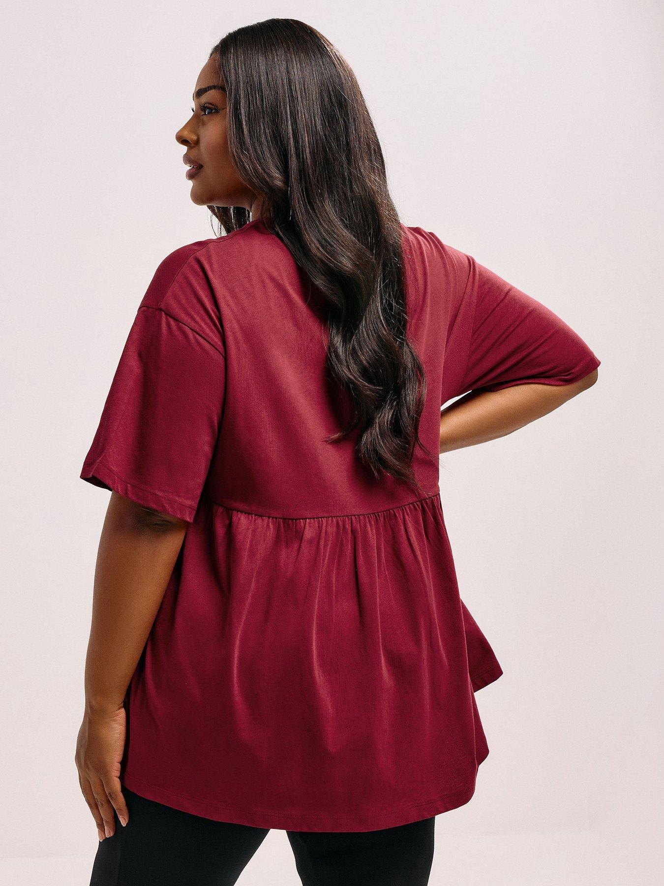 Image 2 of 5 of Yours Curve Short Sleeve Peplum Top - Burgundy Red