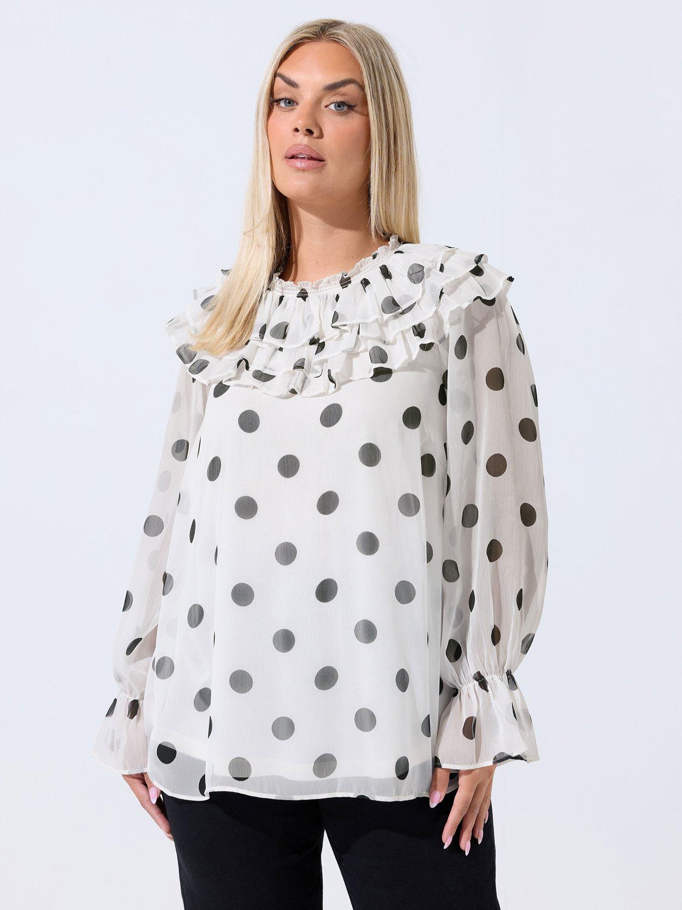 Image 1 of 4 of Yours Curve Polka Dot Frill Neck Blouse - White