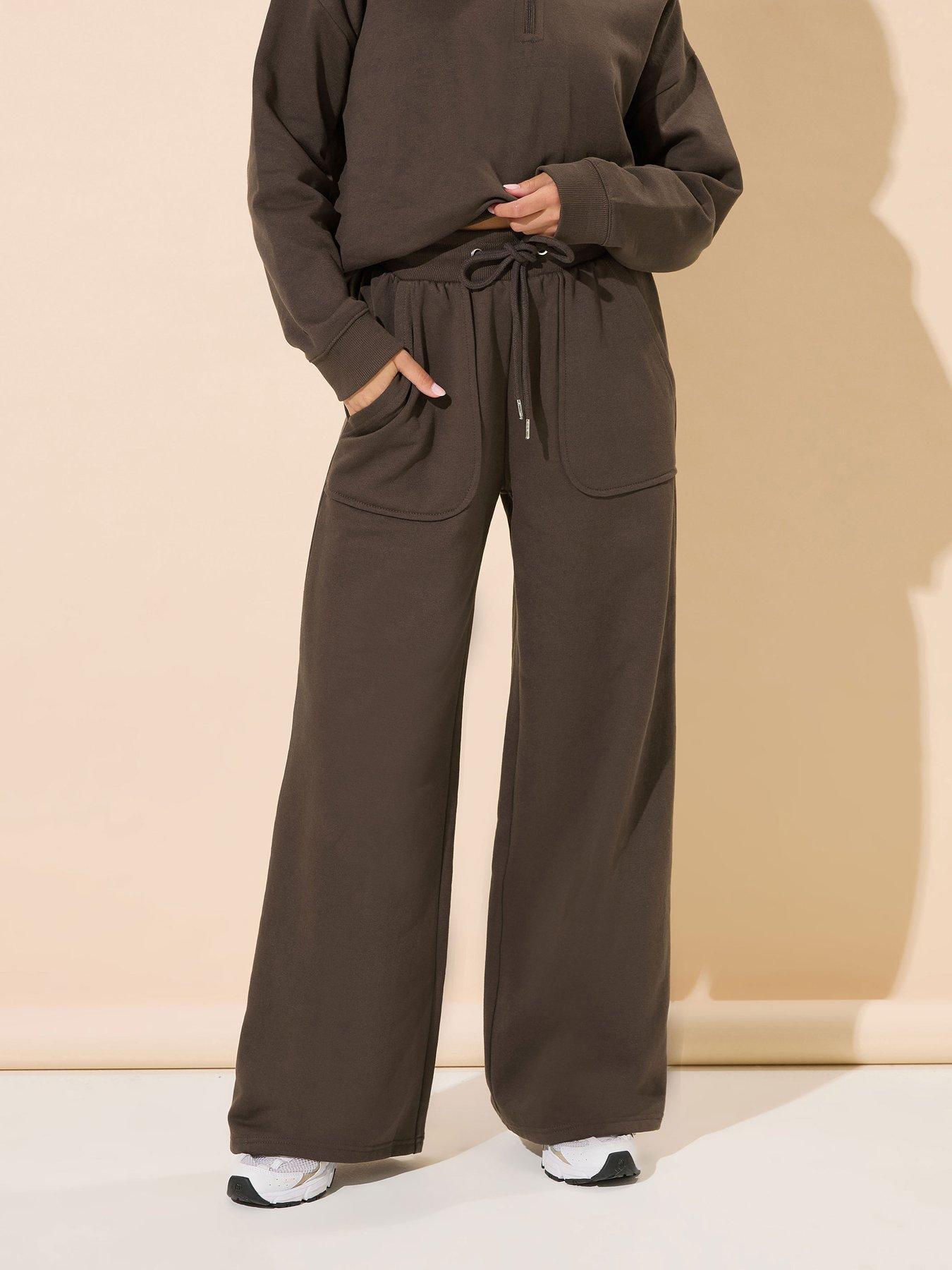 PixieGirl Petite Patch Pocket Wide Leg Jogger - Brown
