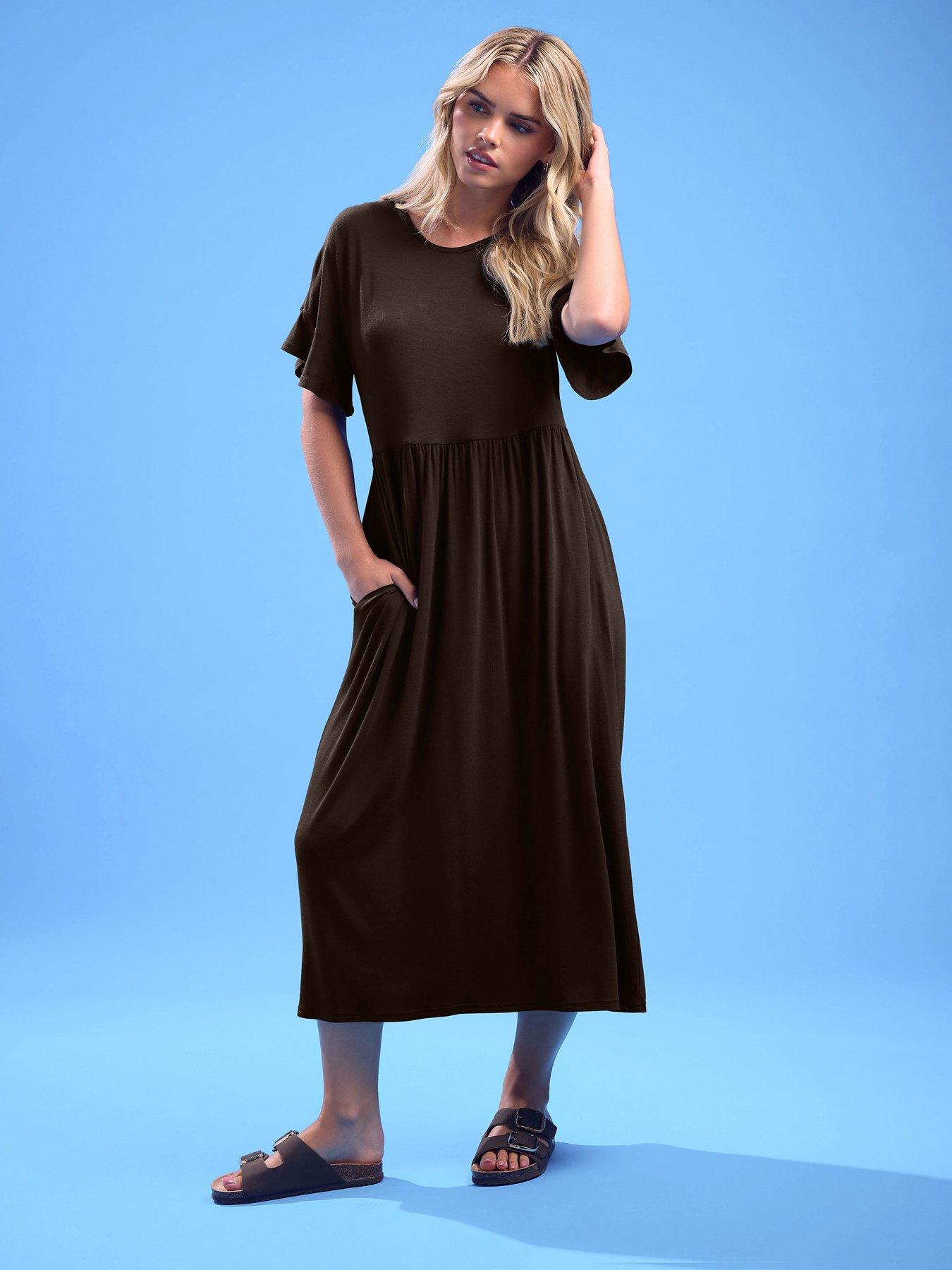 undefined Petite Short Sleeve Frill Midi Smock Dress