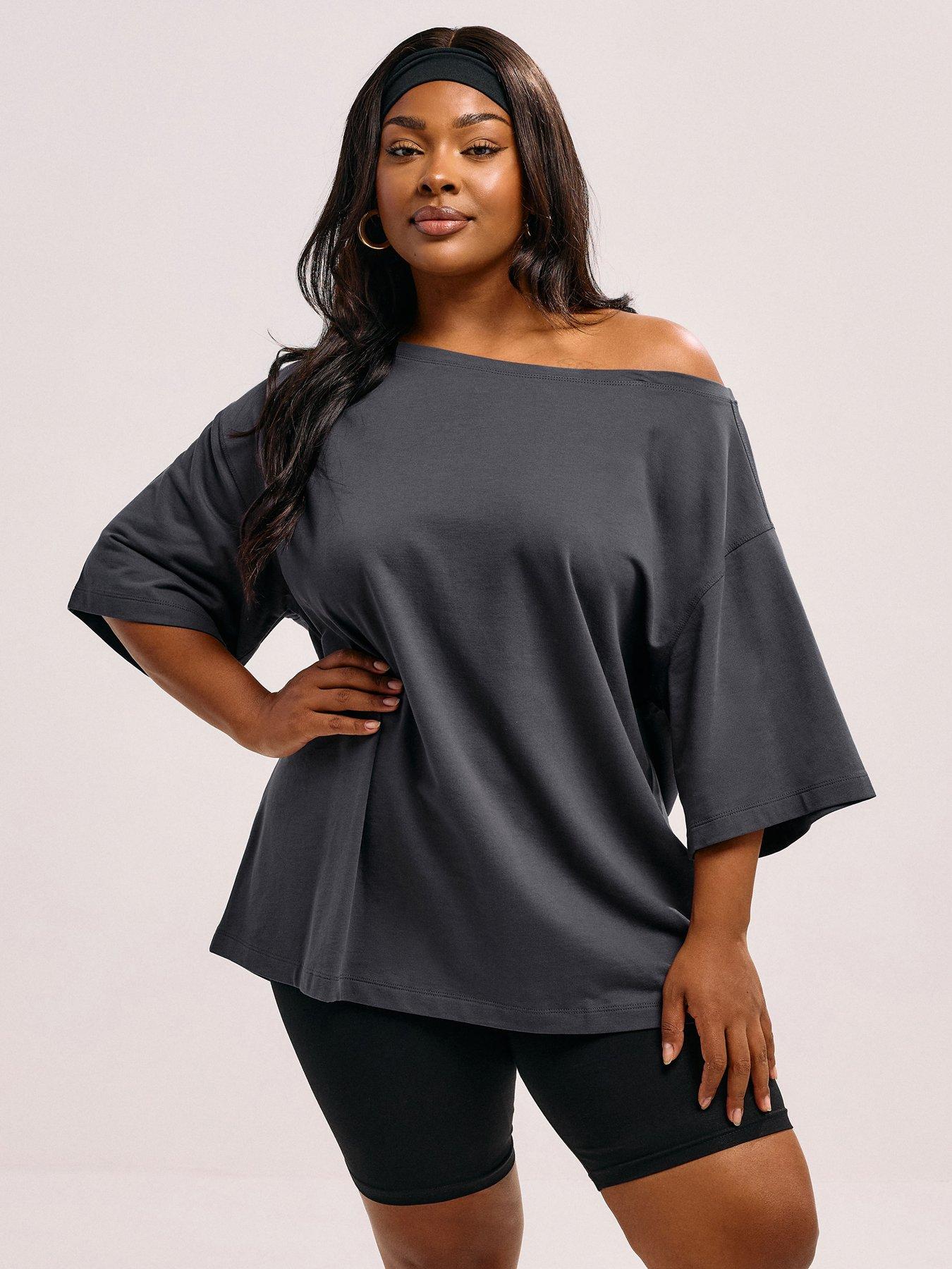 undefined Curve Slash Neck T-Shirt - Grey