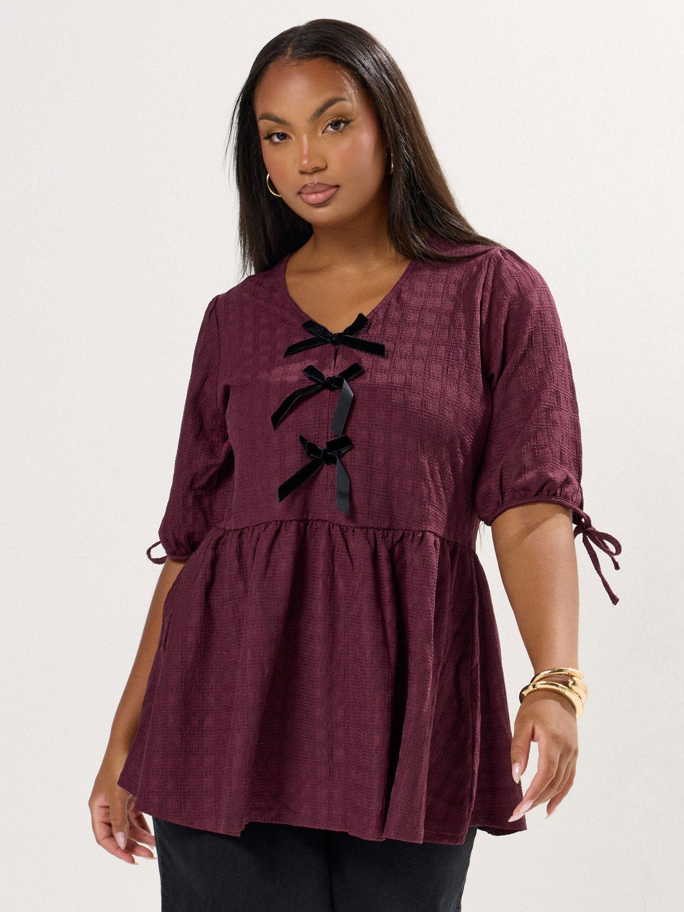 yours-curve-textured-bow-tie-peplum-top-burgundy-red