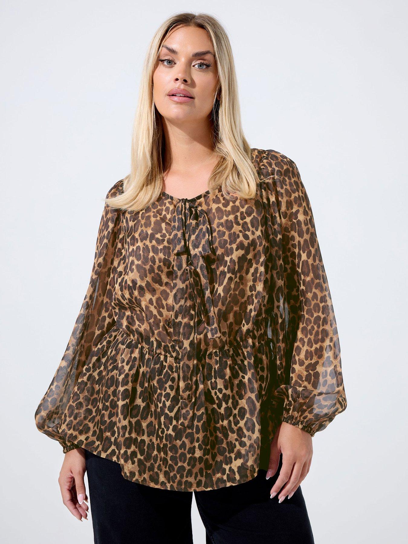 Image 1 of 4 of Yours Curve Leopard Organza Blouse - Brown