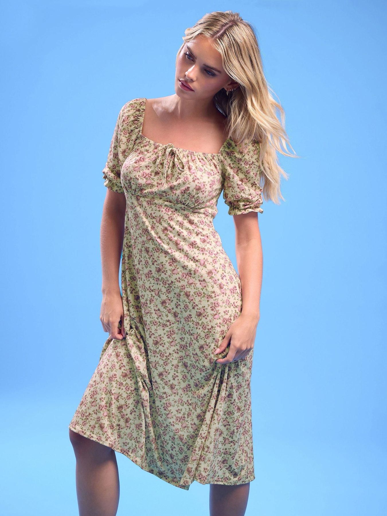undefined Petite Vintage Ditsy Square Neck Midi Dress - Yellow
