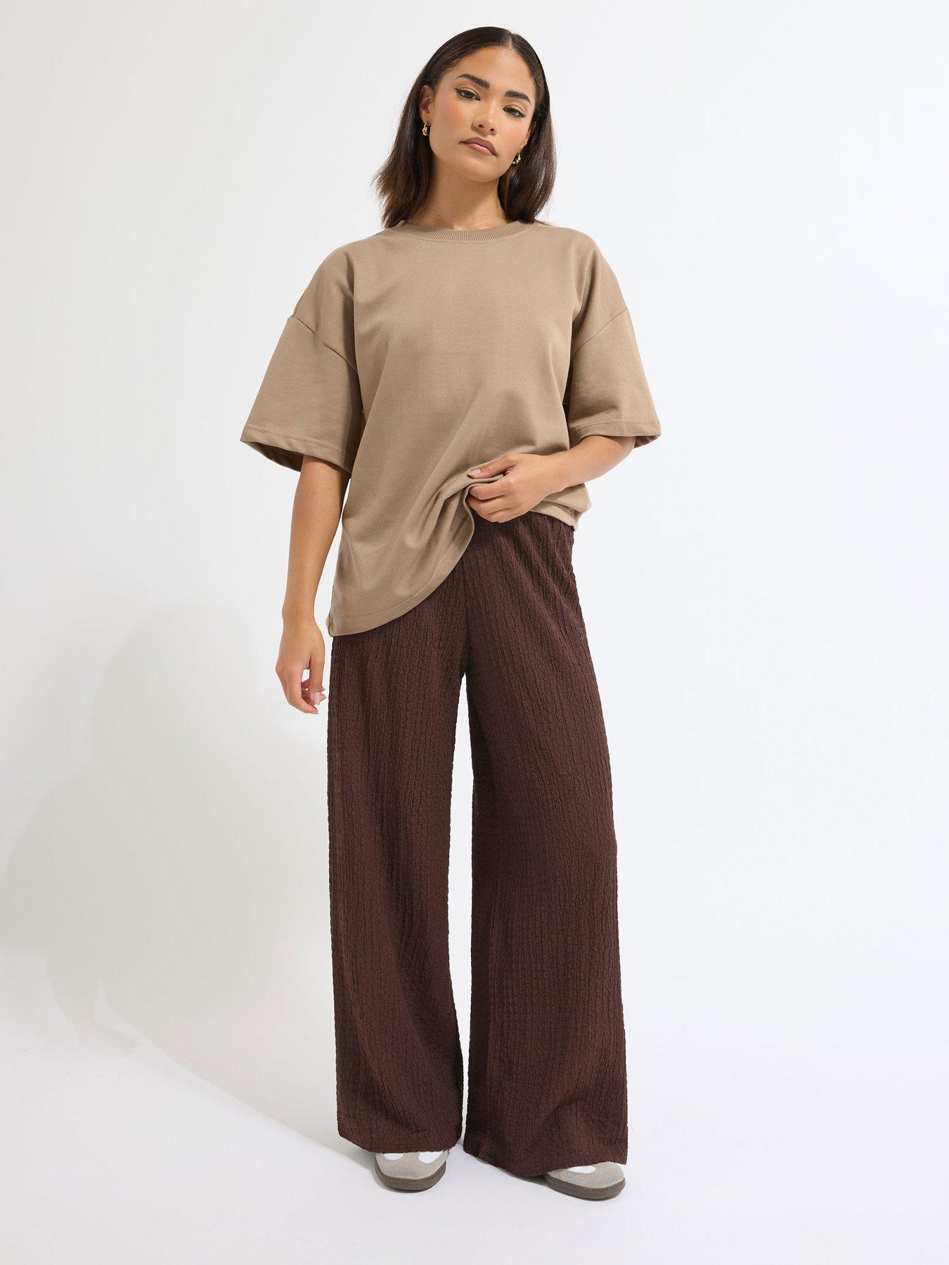 PixieGirl Petite Textured Wide Leg Trouser - Brown