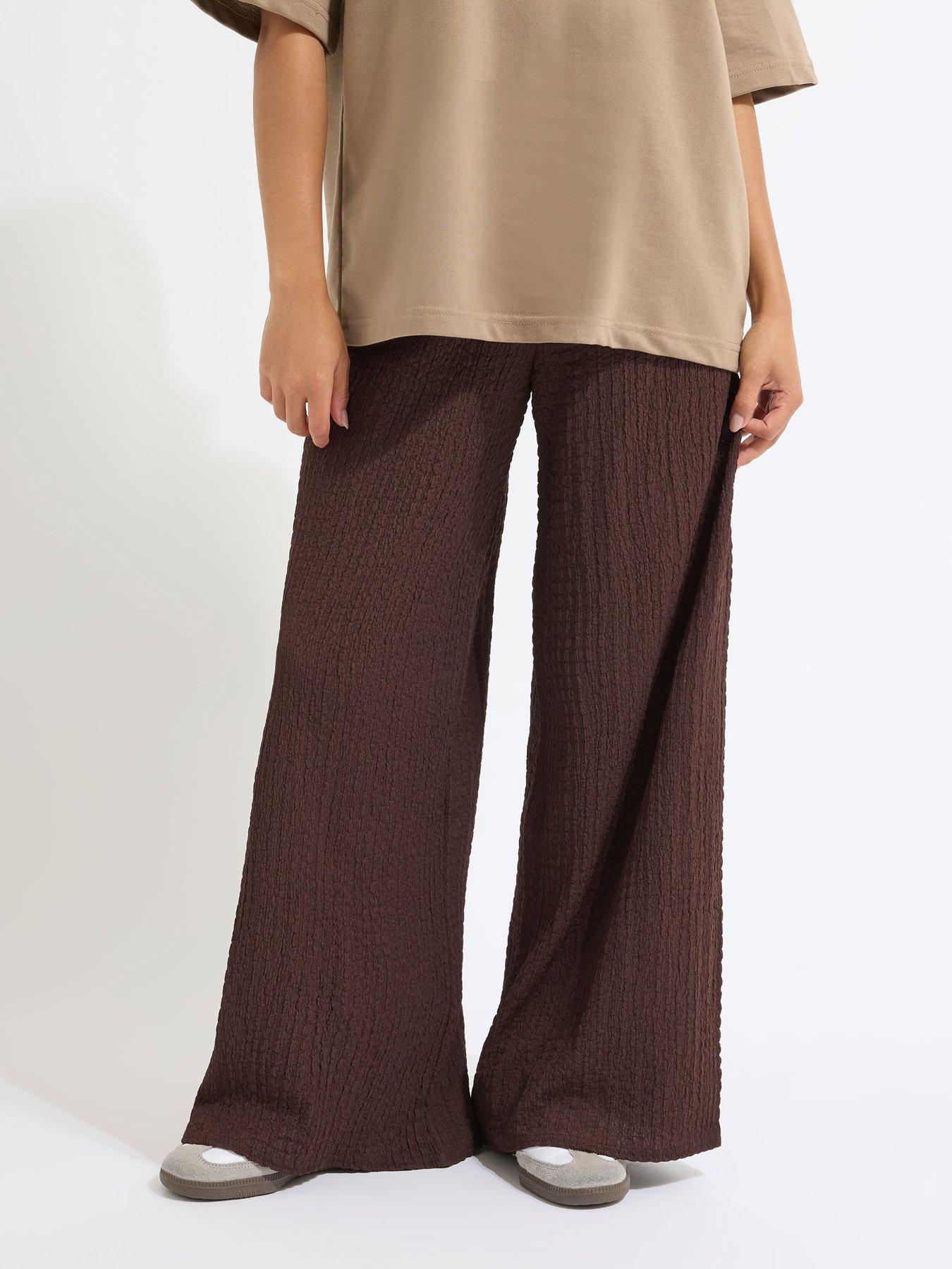 Image 3 of 4 of PixieGirl Petite Textured Wide Leg Trouser - Brown