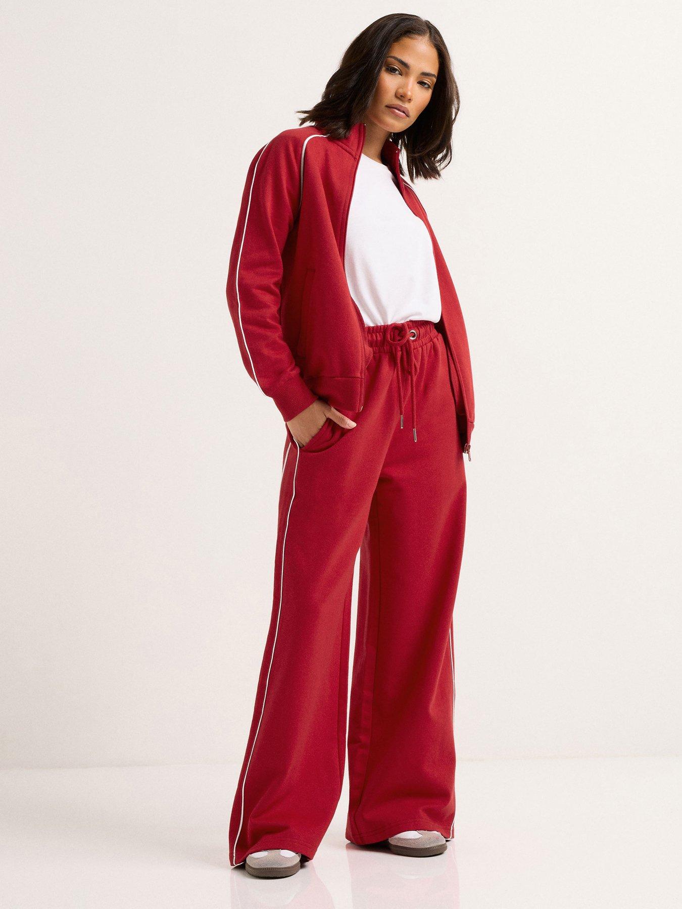 undefined Petite Contrast Piping Wide Leg Jogger - Red