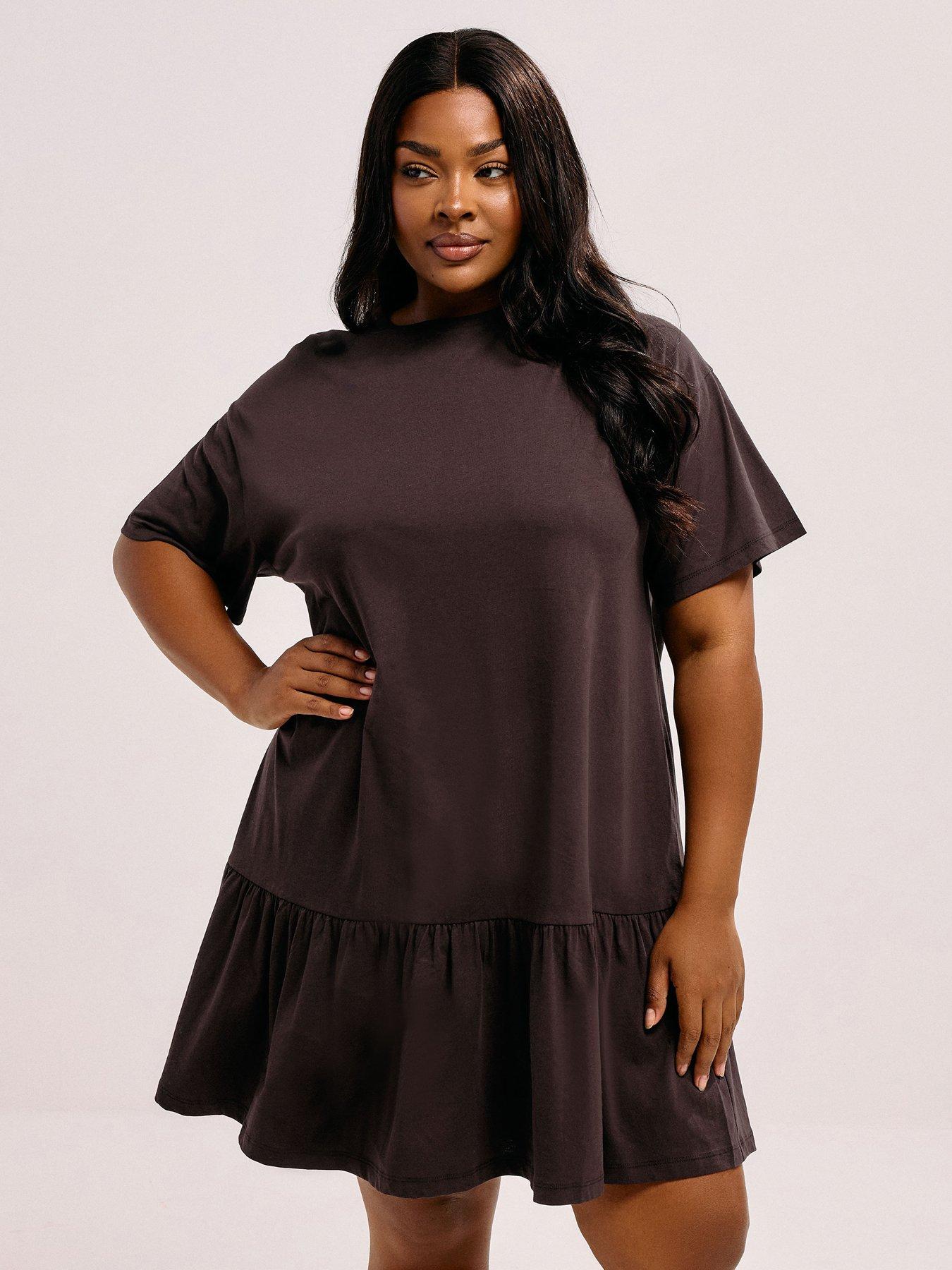 undefined Curve Peplum Drop Shoulder Dress - Brown