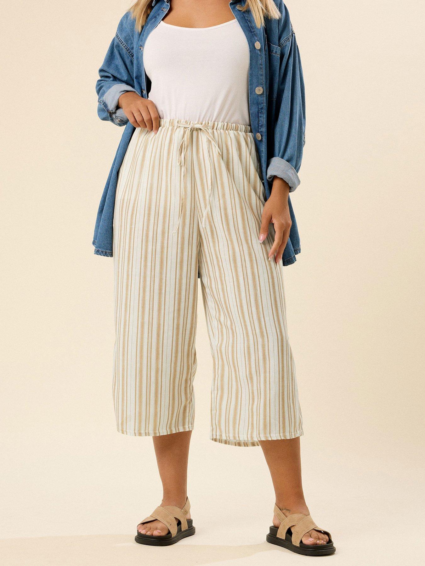 Image 1 of 5 of Yours Curve Linen Look Culotte - Natural/Brown Stripe