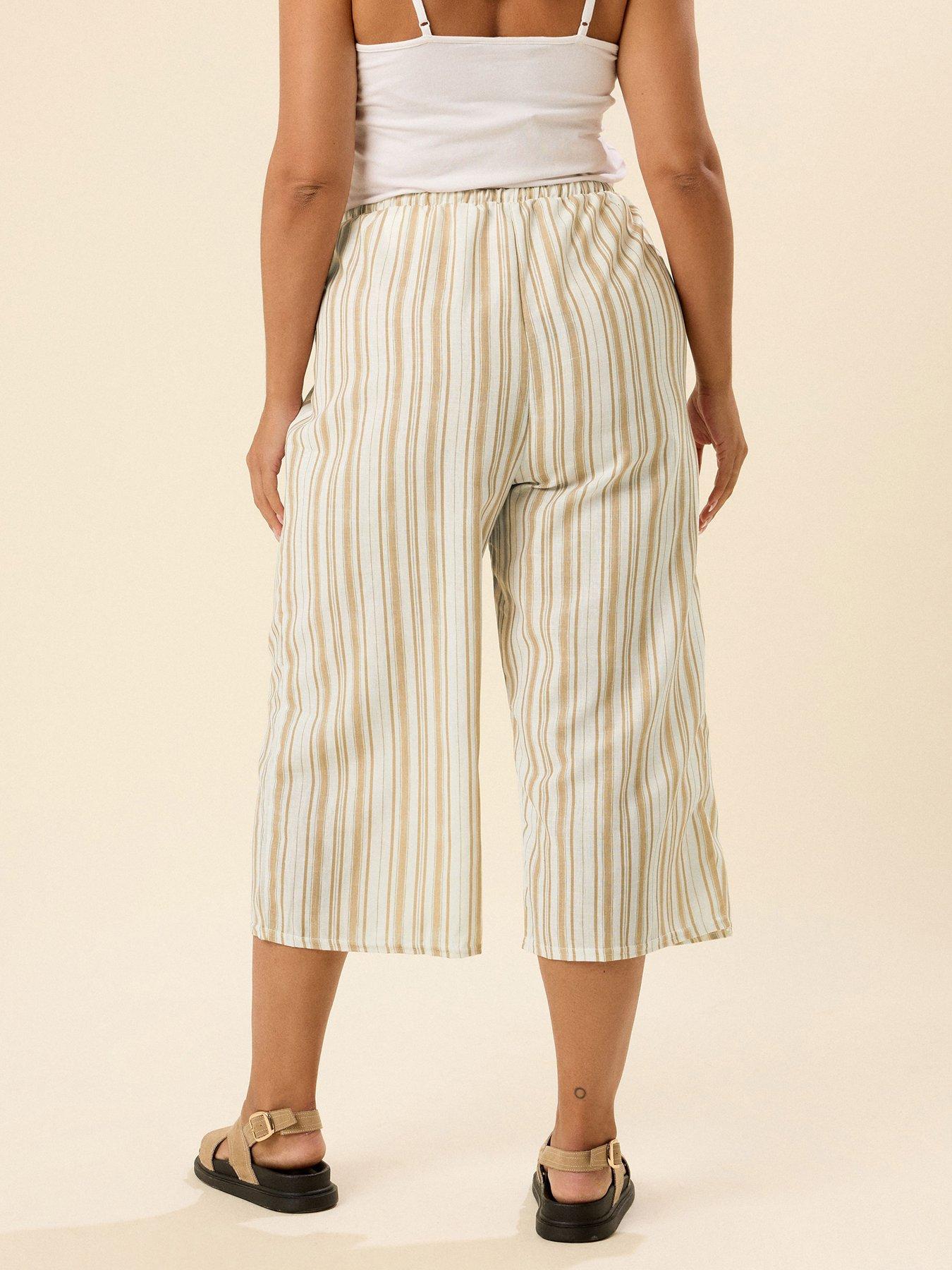 Image 2 of 5 of Yours Curve Linen Look Culotte - Natural/Brown Stripe