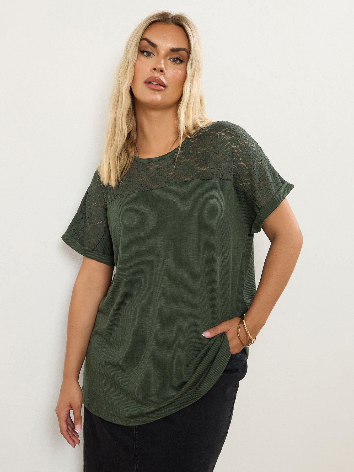 Image 1 of 5 of Yours Curve Lace Panel Slub T-Shirt - Green