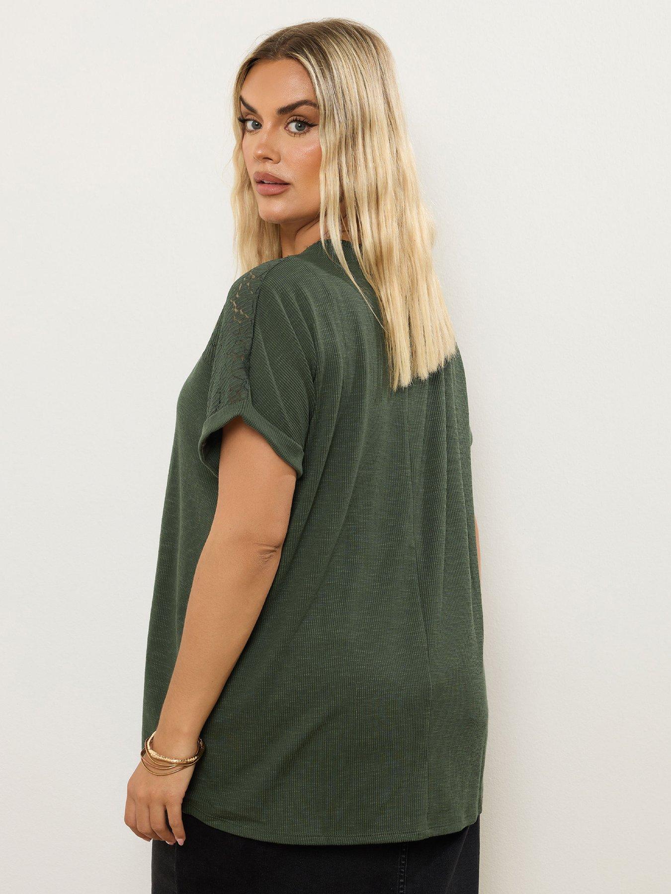 Image 2 of 5 of Yours Curve Lace Panel Slub T-Shirt - Green