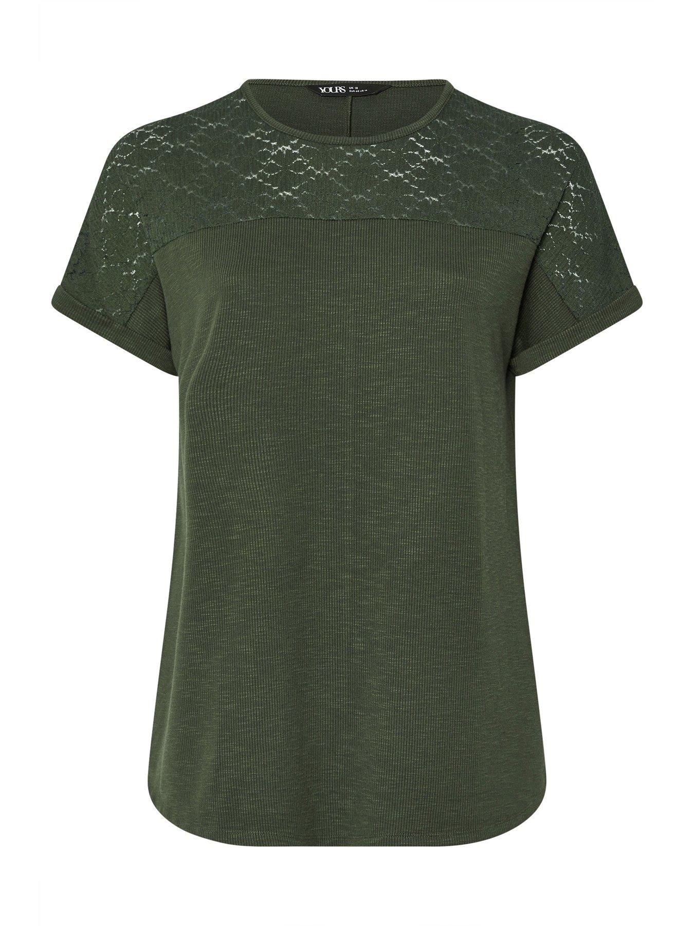 Image 5 of 5 of Yours Curve Lace Panel Slub T-Shirt - Green