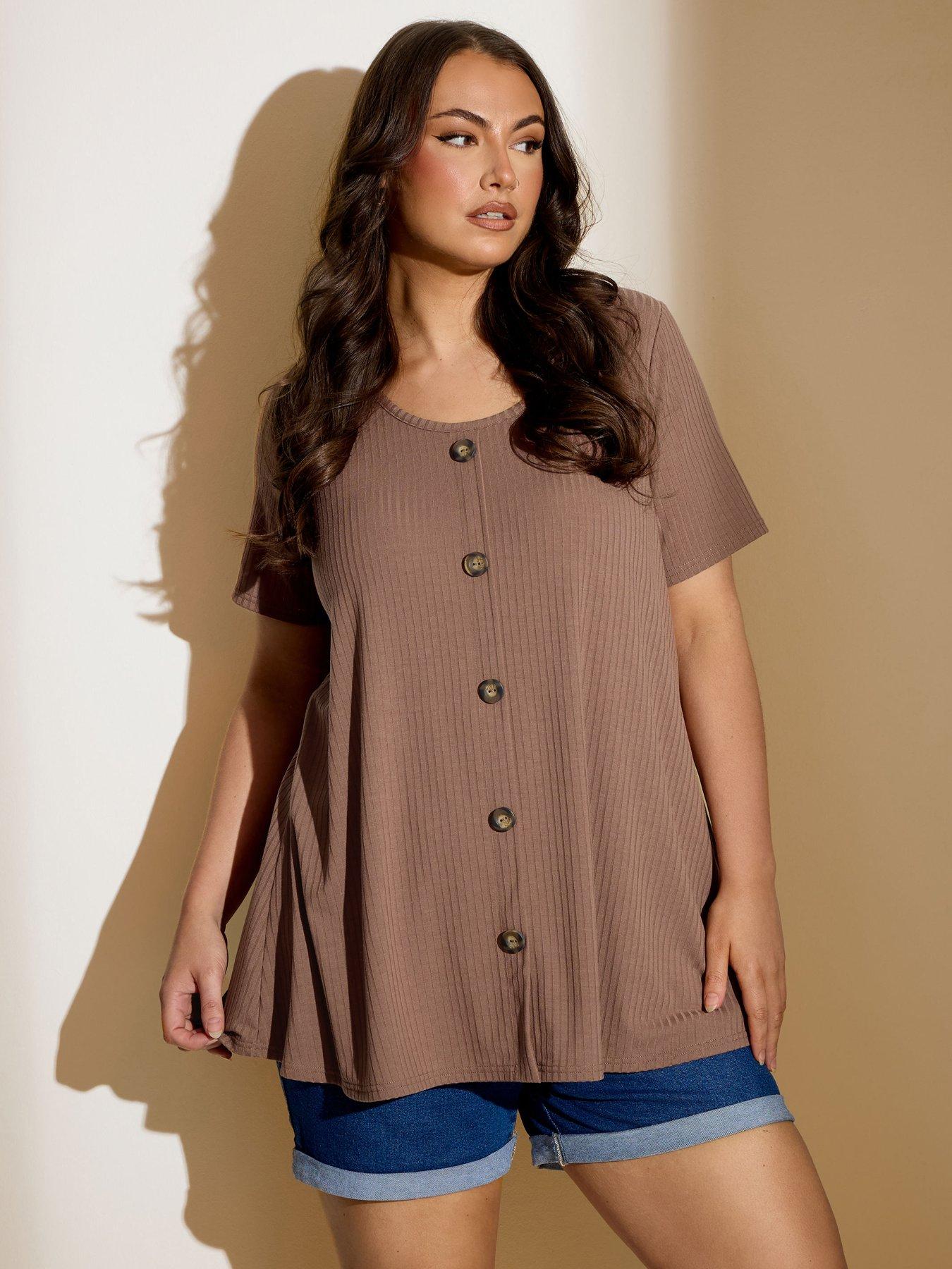 yours-curve-button-rib-swing-t-shirt-brown