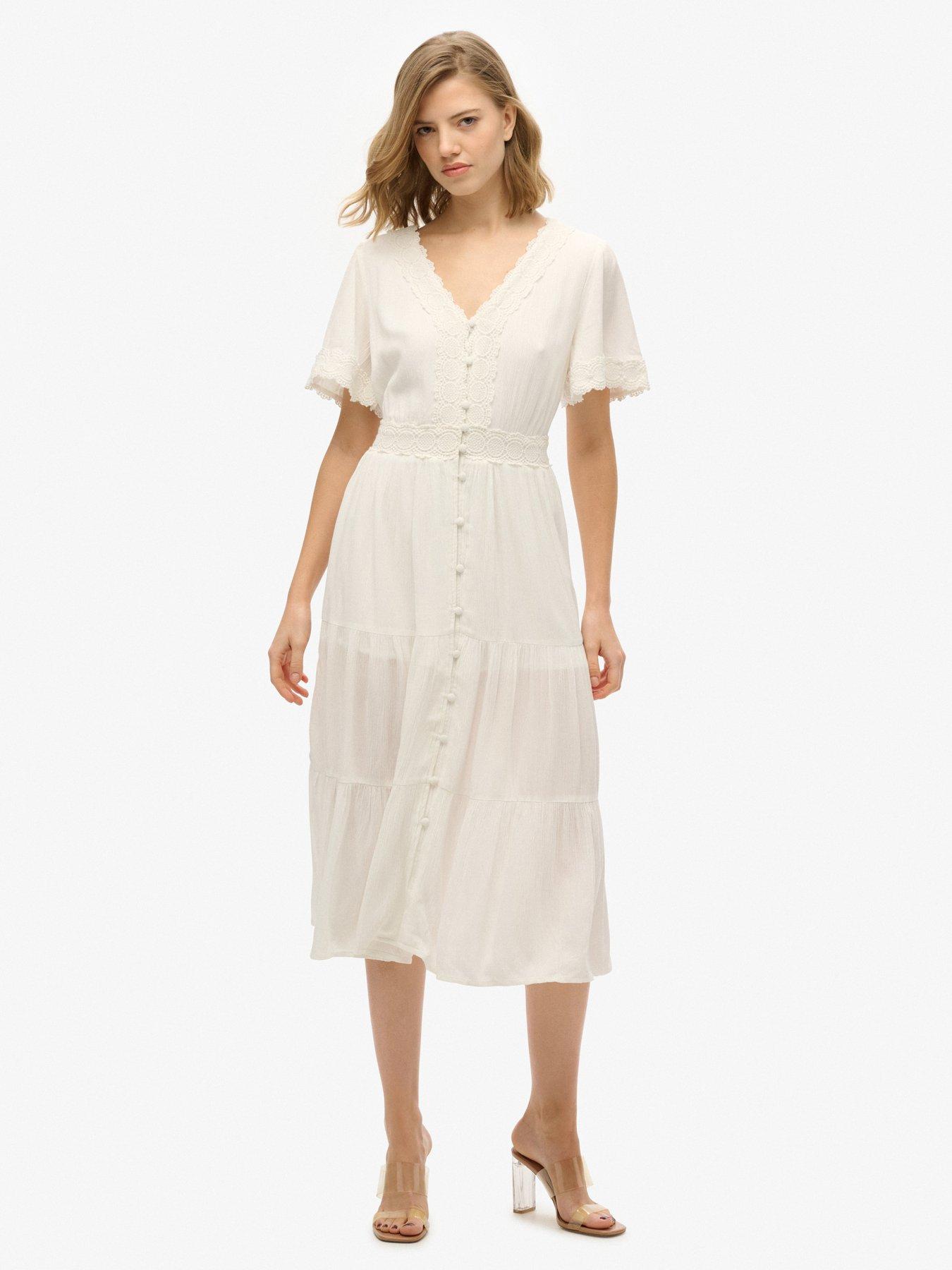 Image 1 of 6 of Superdry Ibiza Short Sleeve Midi Tea Dress - Cream