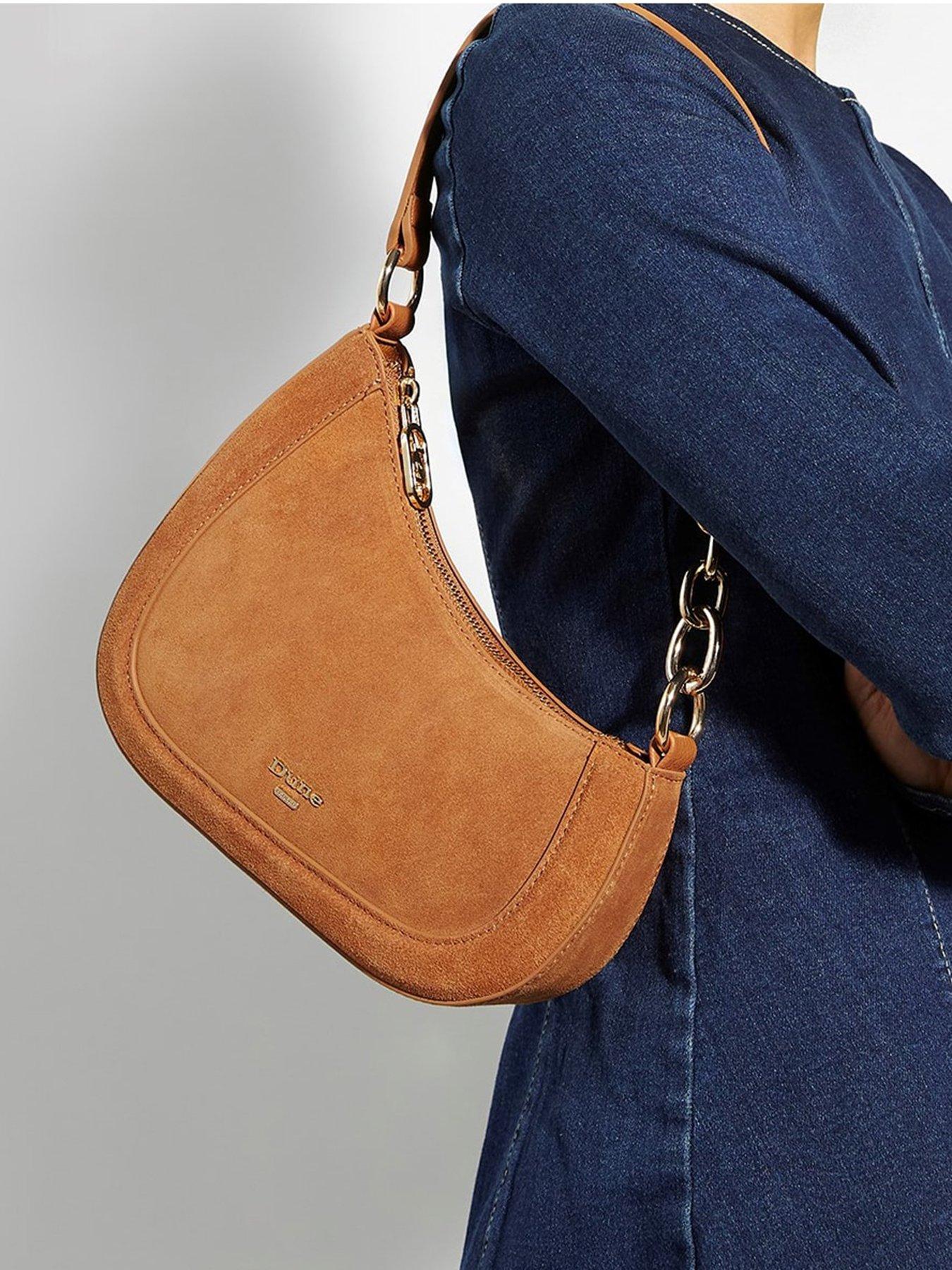 Image 2 of 5 of Dune London Direction Suede Asymmetric Chain Detail Shoulder Bag - Tan