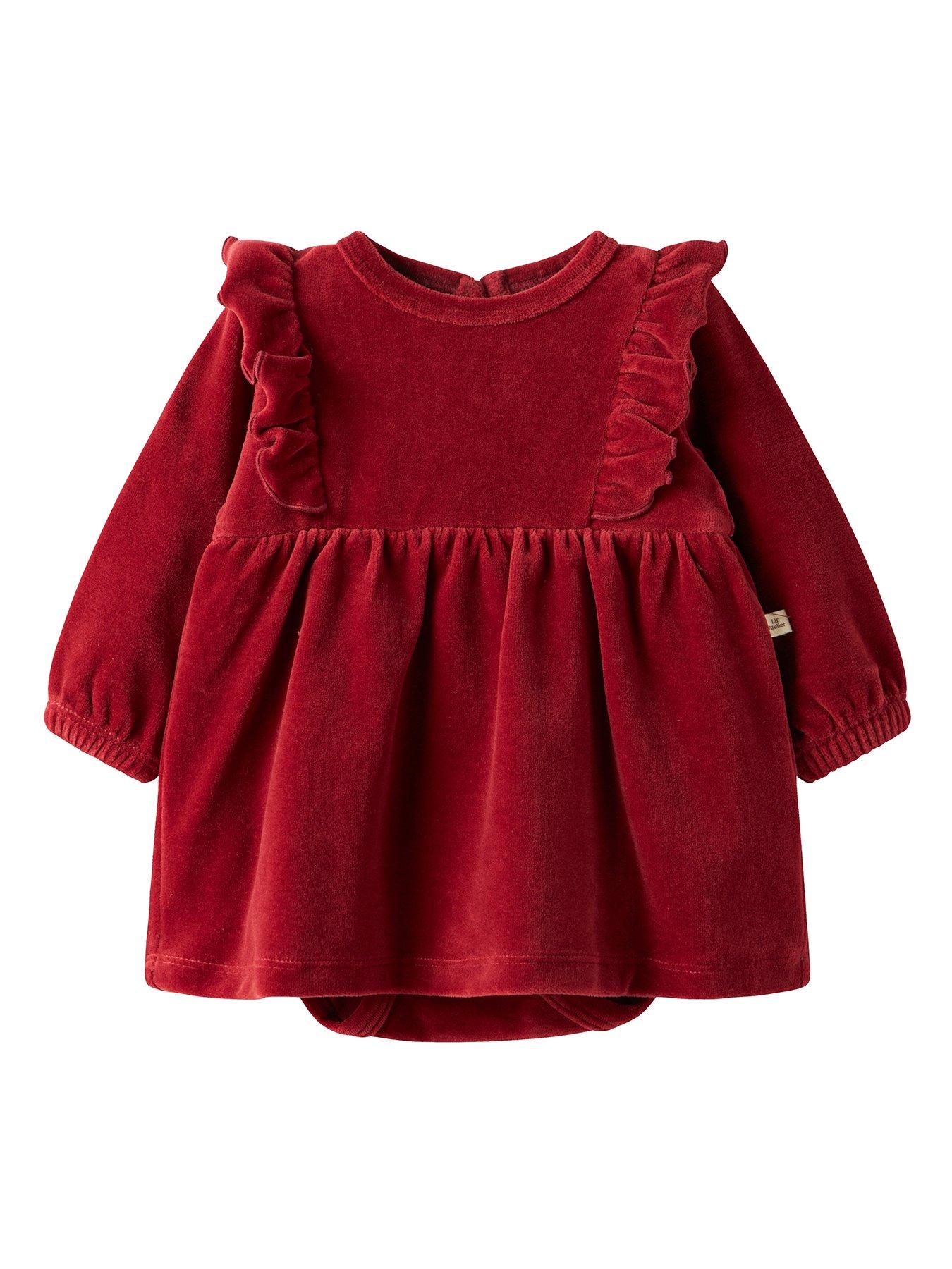 front image of lil-atelier-baby-girls-velour-body-dress-red