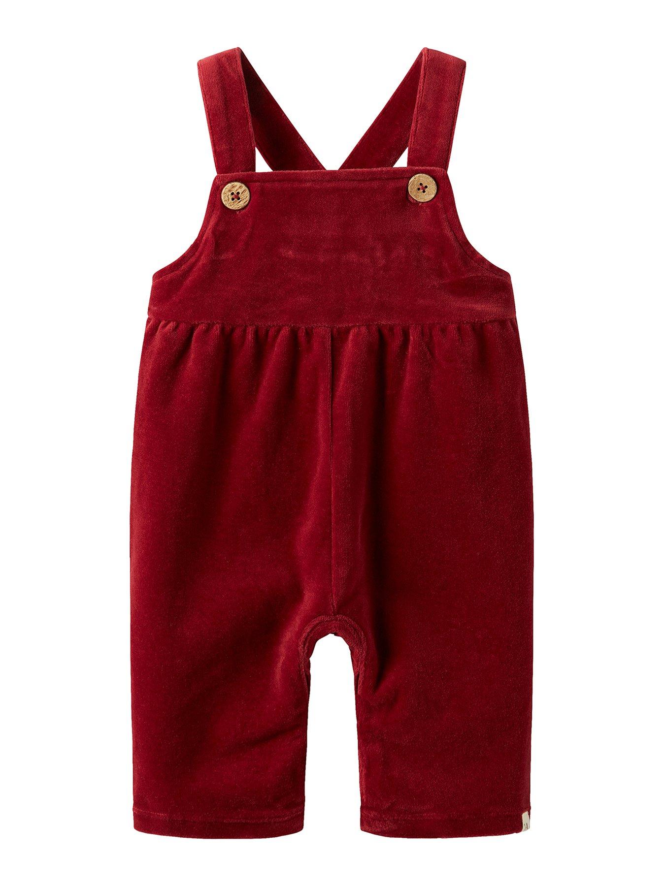 front image of lil-atelier-baby-girls-velour-dungarees-red