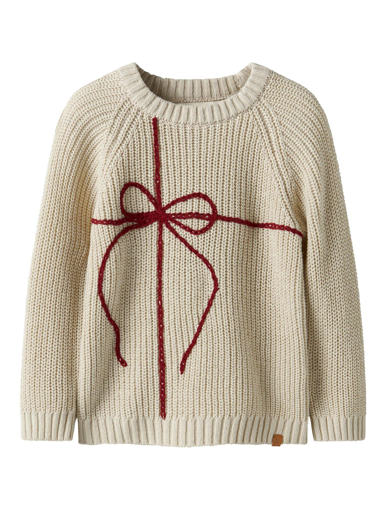 front image of lil-atelier-mini-girls-bow-christmas-jumper-cream