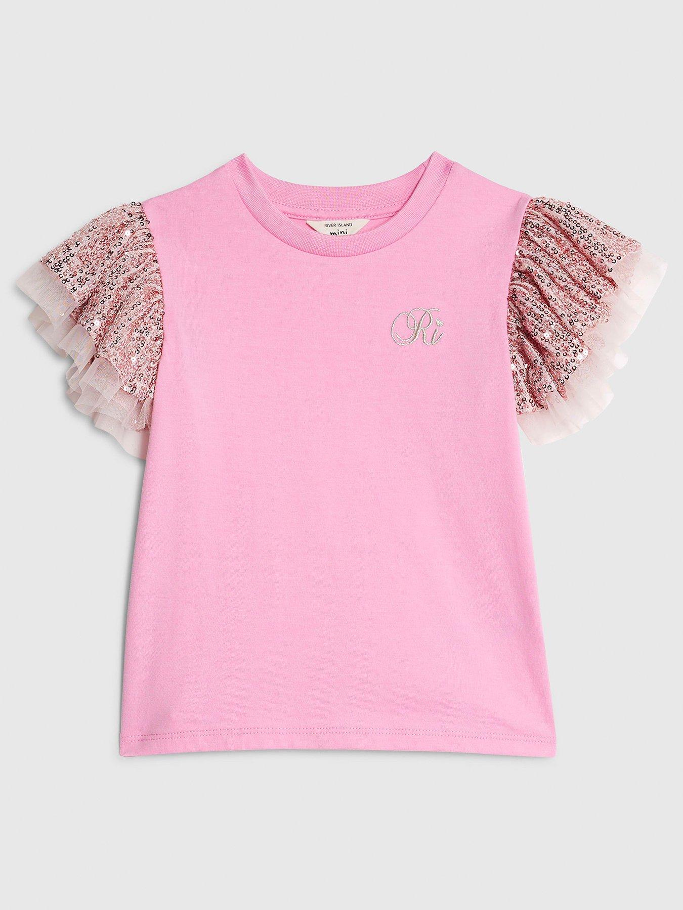 River Island Mini Girls Sequin Frill Sleeve T-Shirt - Pink