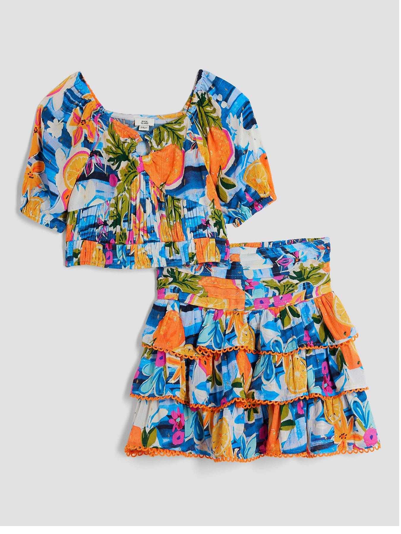 Image 1 of 5 of River Island Older Girls Fruit Print Rara Skirt Set - Blue