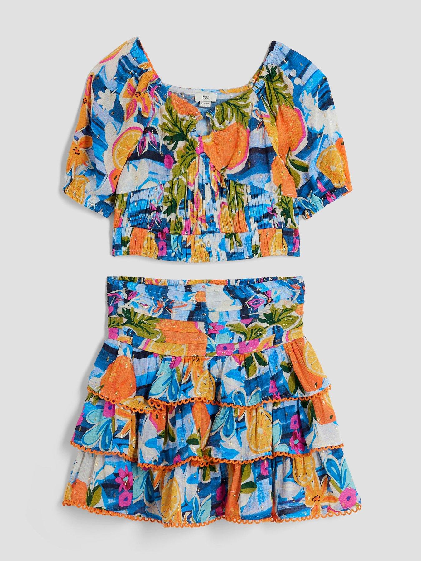 Image 2 of 5 of River Island Older Girls Fruit Print Rara Skirt Set - Blue