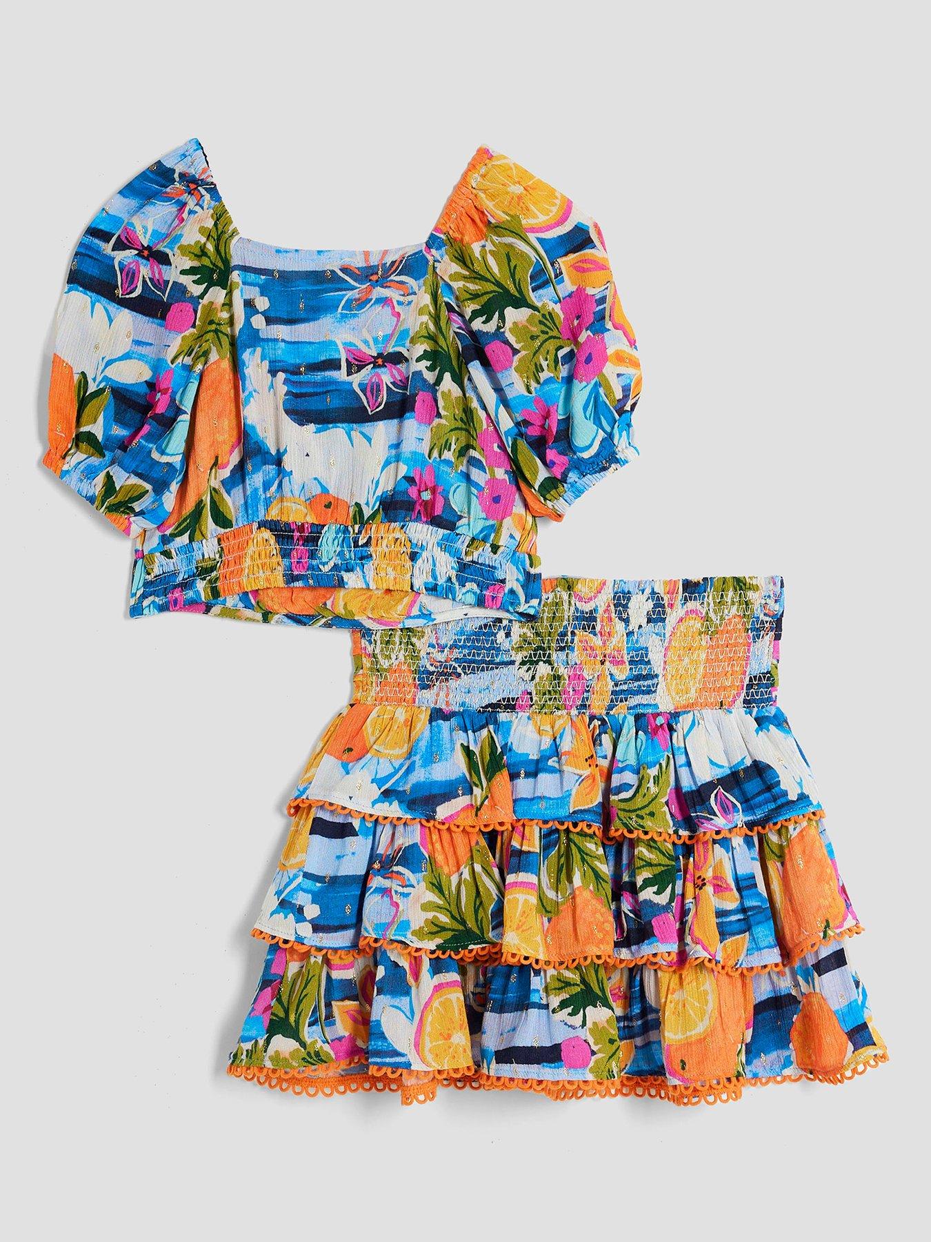 Image 3 of 5 of River Island Older Girls Fruit Print Rara Skirt Set - Blue