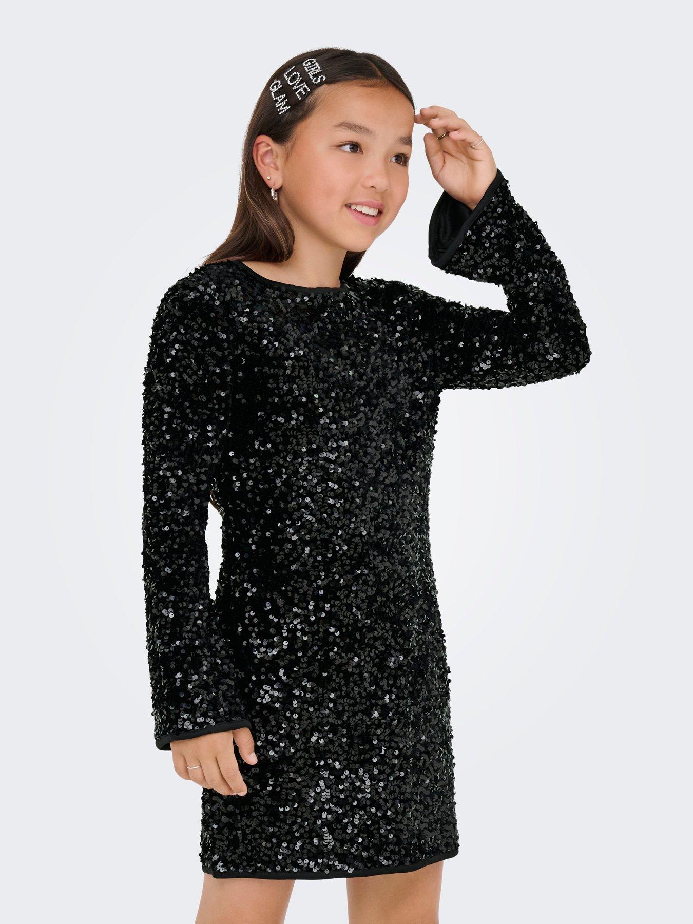  image of only-kids-girls-long-sleeve-sequin-dress-black