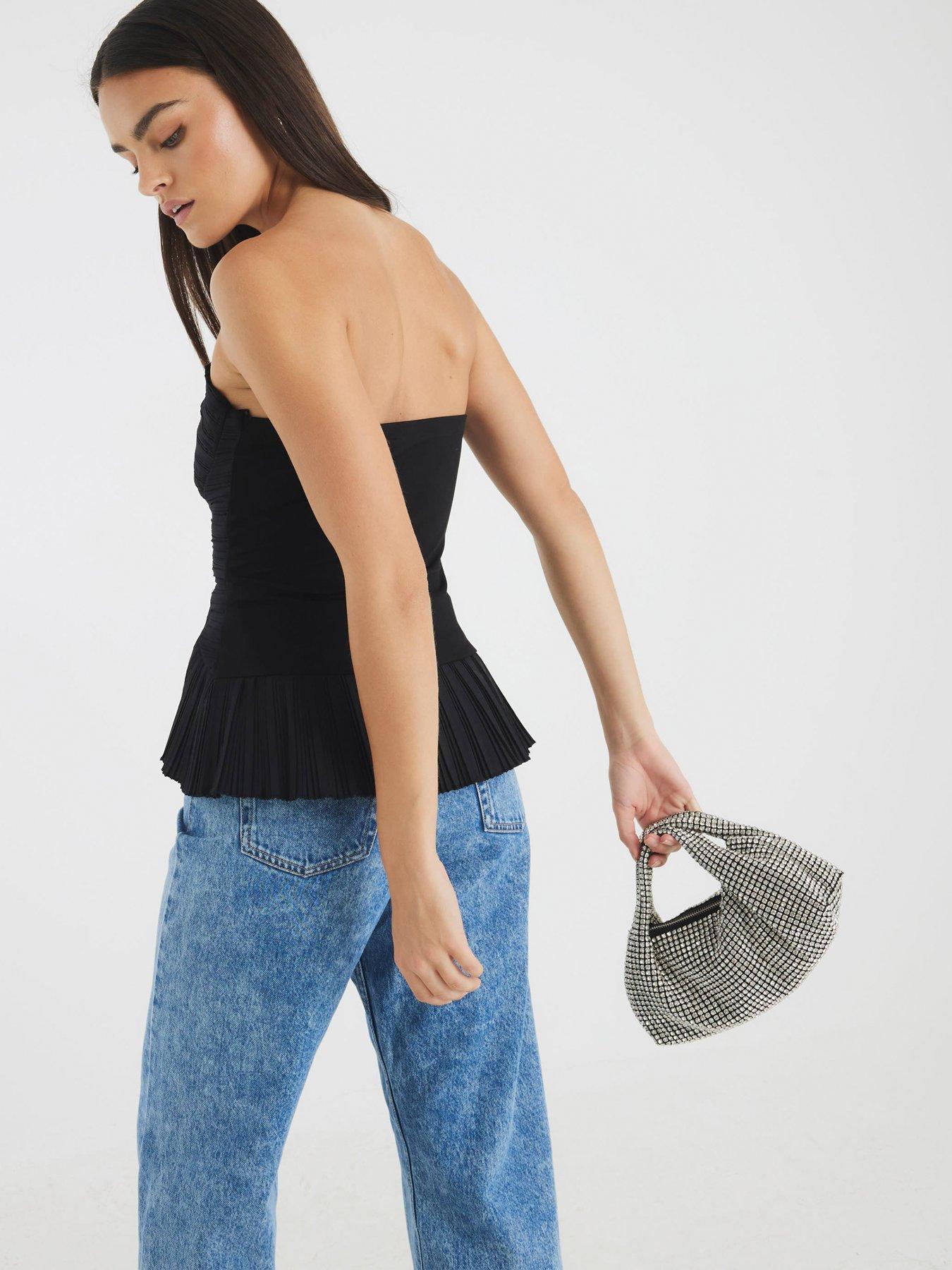 Image 2 of 4 of River Island Short Plisse Detail Bandeau Top - Black