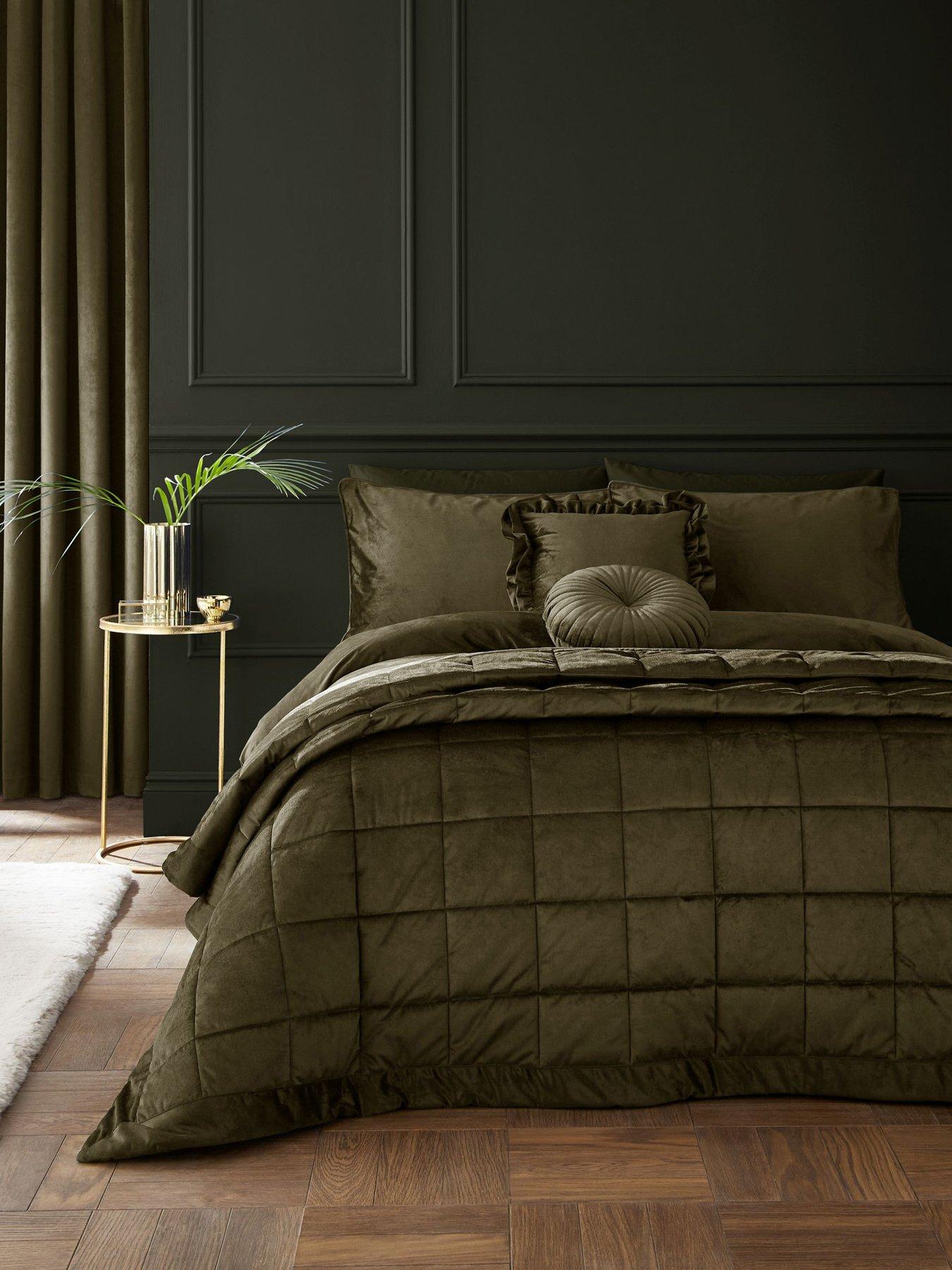 front image of catherine-lansfield-kingsley-matt-velvet-bedpsread-olive
