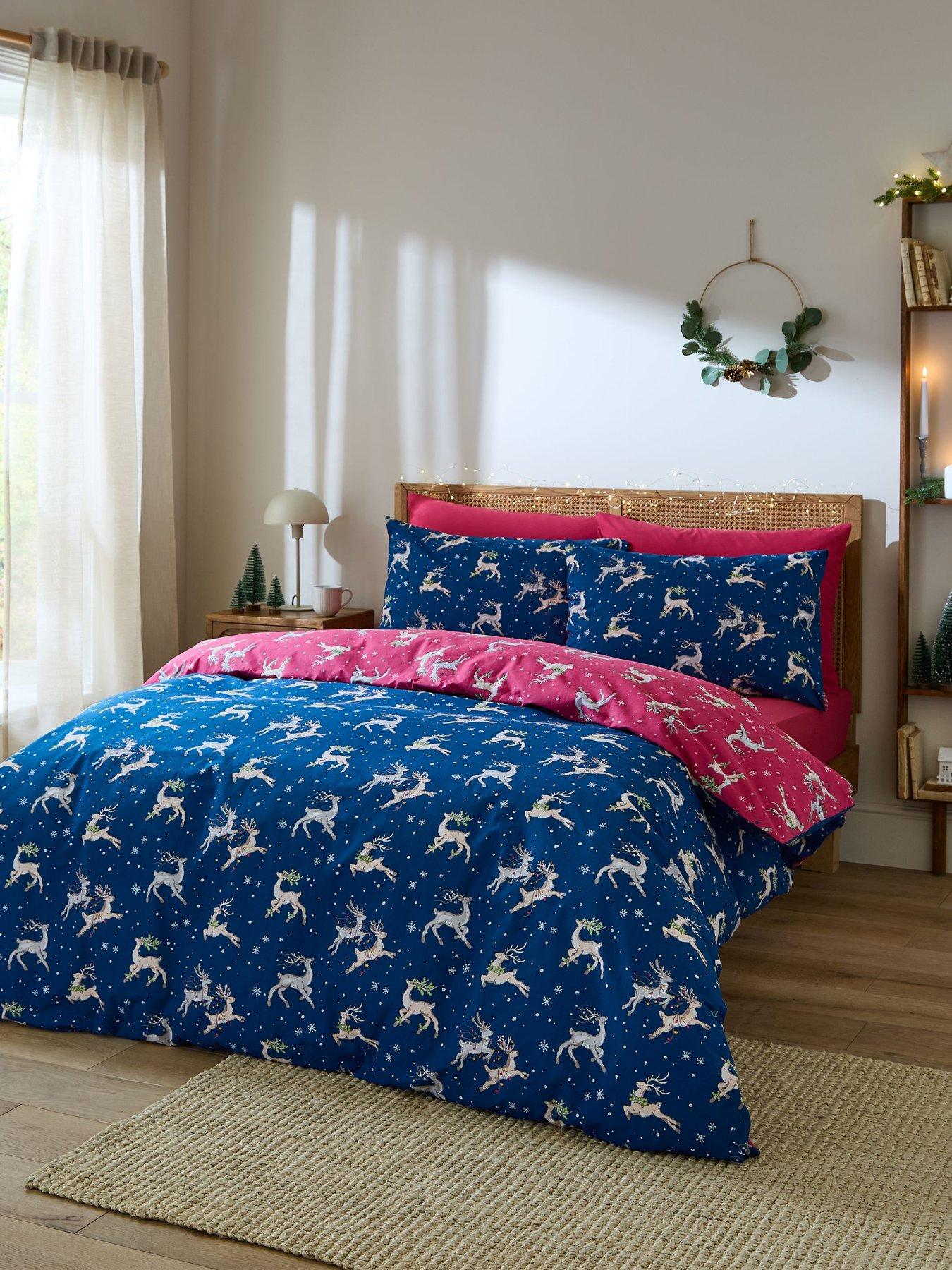 Image 1 of 6 of Their Nibs Christmas Reindeer 100% Cotton Reversible Duvet Set Blue