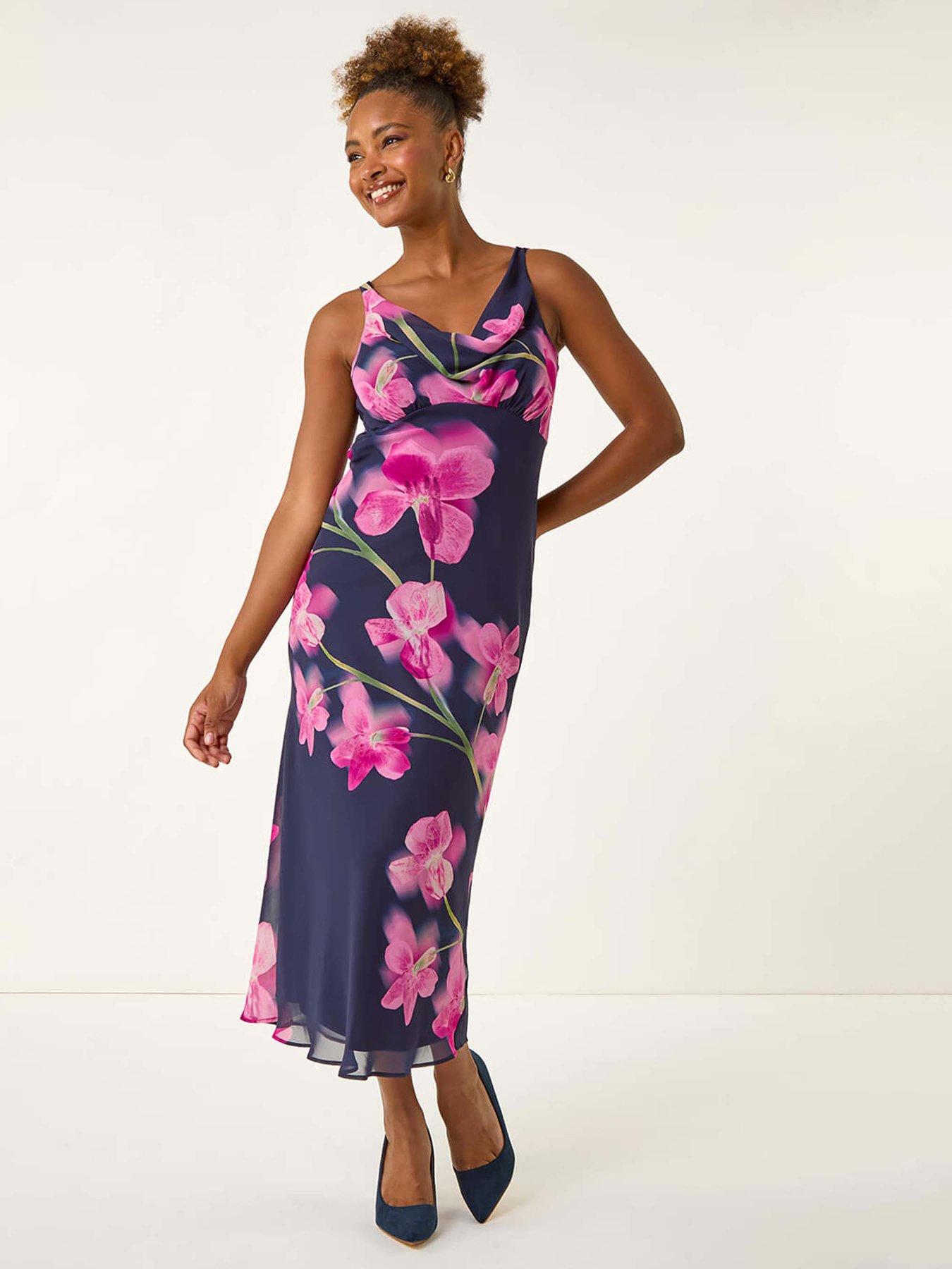 undefined Floral Print Cowl Neck Midi Dress - Navy