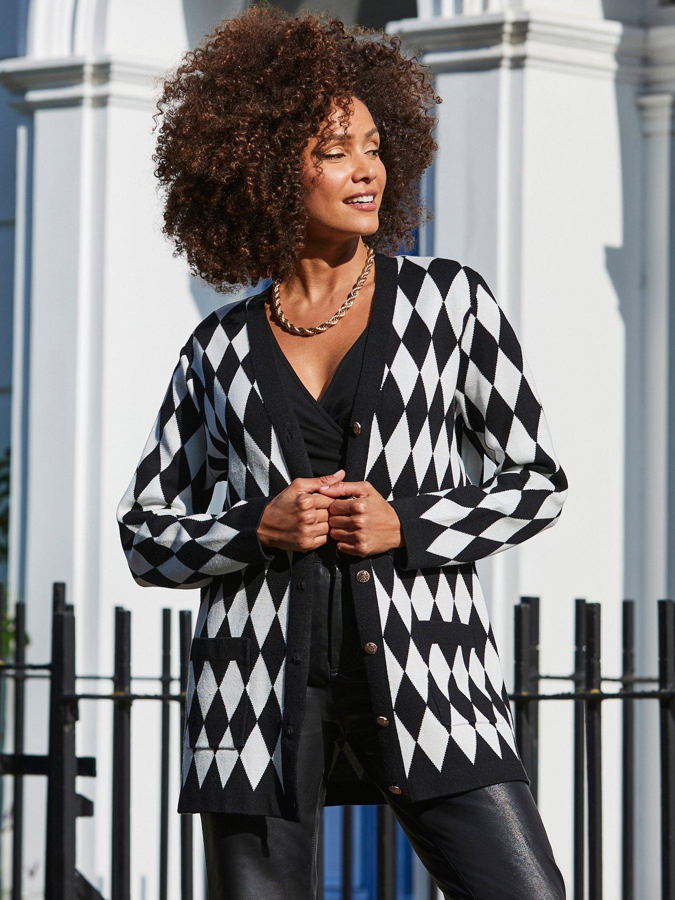 Image 1 of 5 of Sosandar Ivory Argyle Cardigan - Black