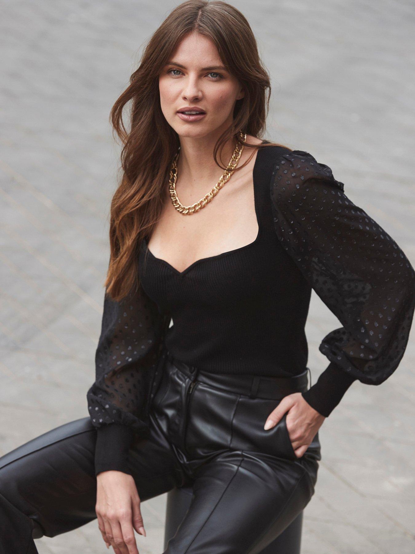 Image 3 of 6 of Sosandar Woven Sleeve Sweetheart Jumper - Black