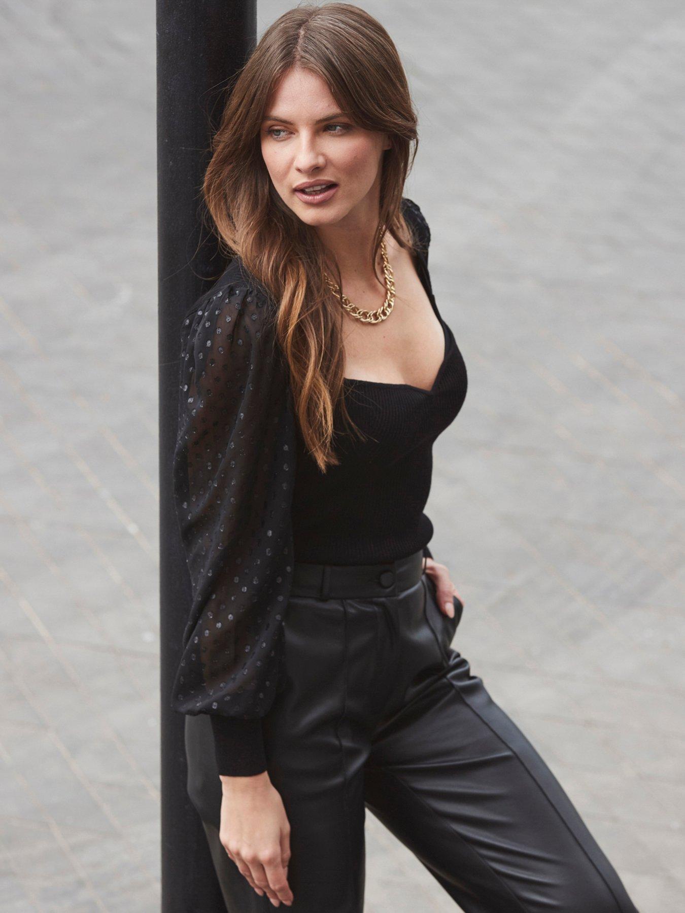 Image 5 of 6 of Sosandar Woven Sleeve Sweetheart Jumper - Black