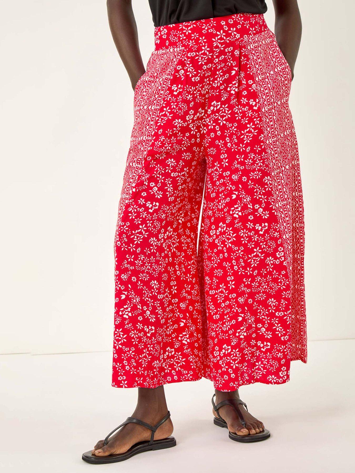 Image 1 of 5 of Roman Floral Border Panel Culotte Trousers - Red