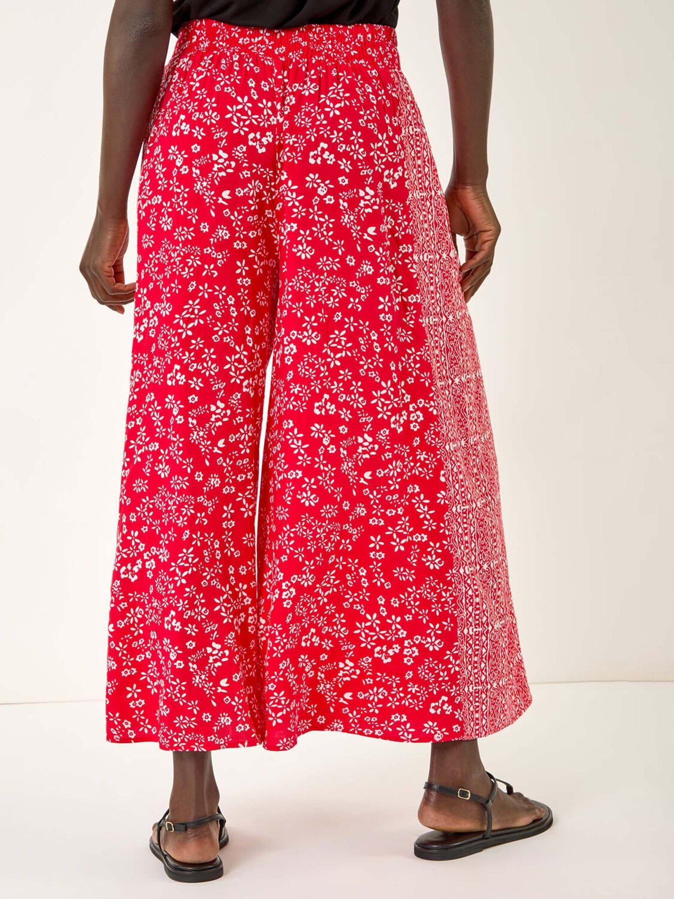 Image 2 of 5 of Roman Floral Border Panel Culotte Trousers - Red