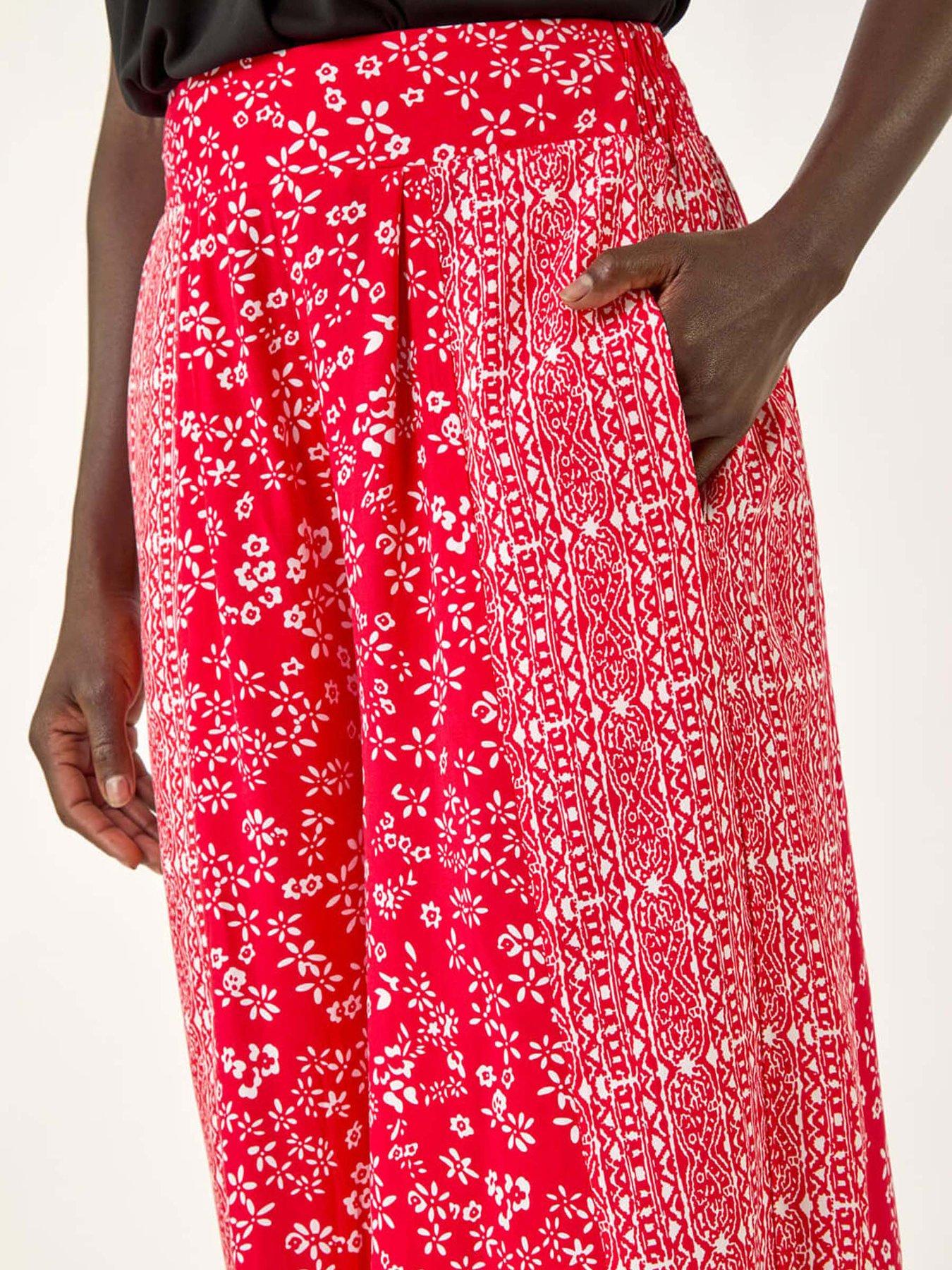 Image 5 of 5 of Roman Floral Border Panel Culotte Trousers - Red