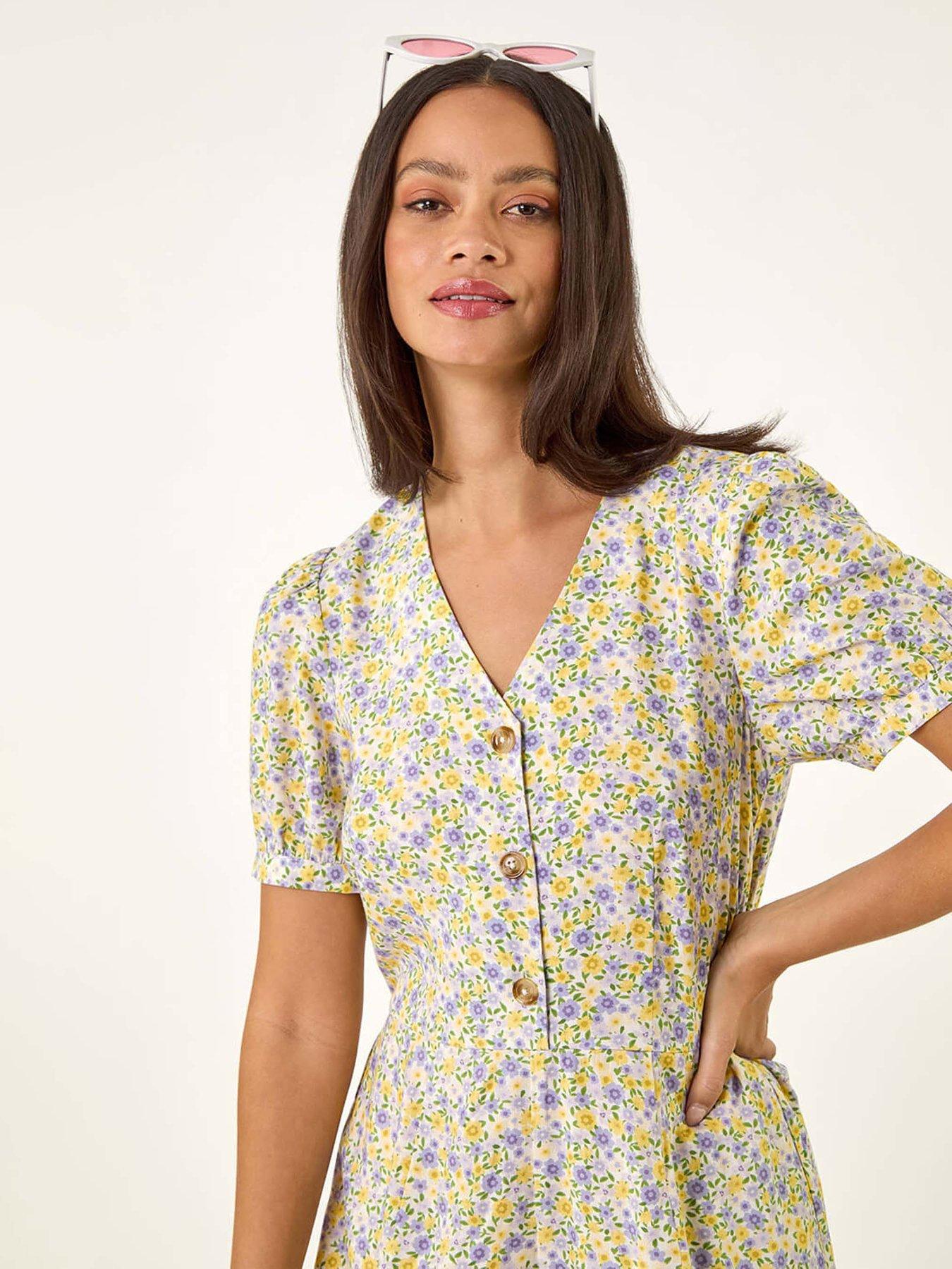 Image 4 of 5 of Roman Dusk Ditsy Floral Buttoned Playsuit - Yellow