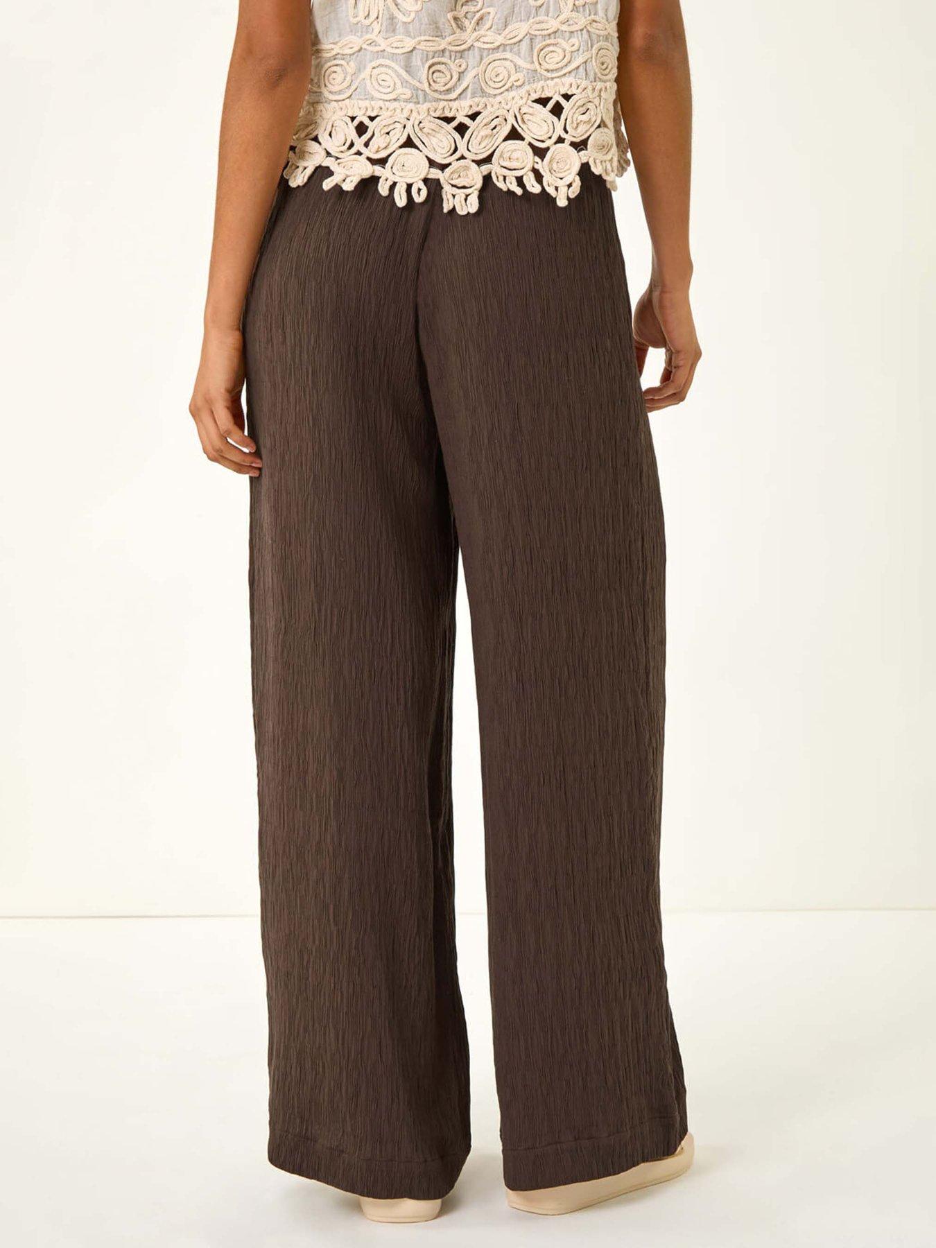 Image 2 of 5 of Roman Dusk Textured Elastic Waist Trousers - Brown