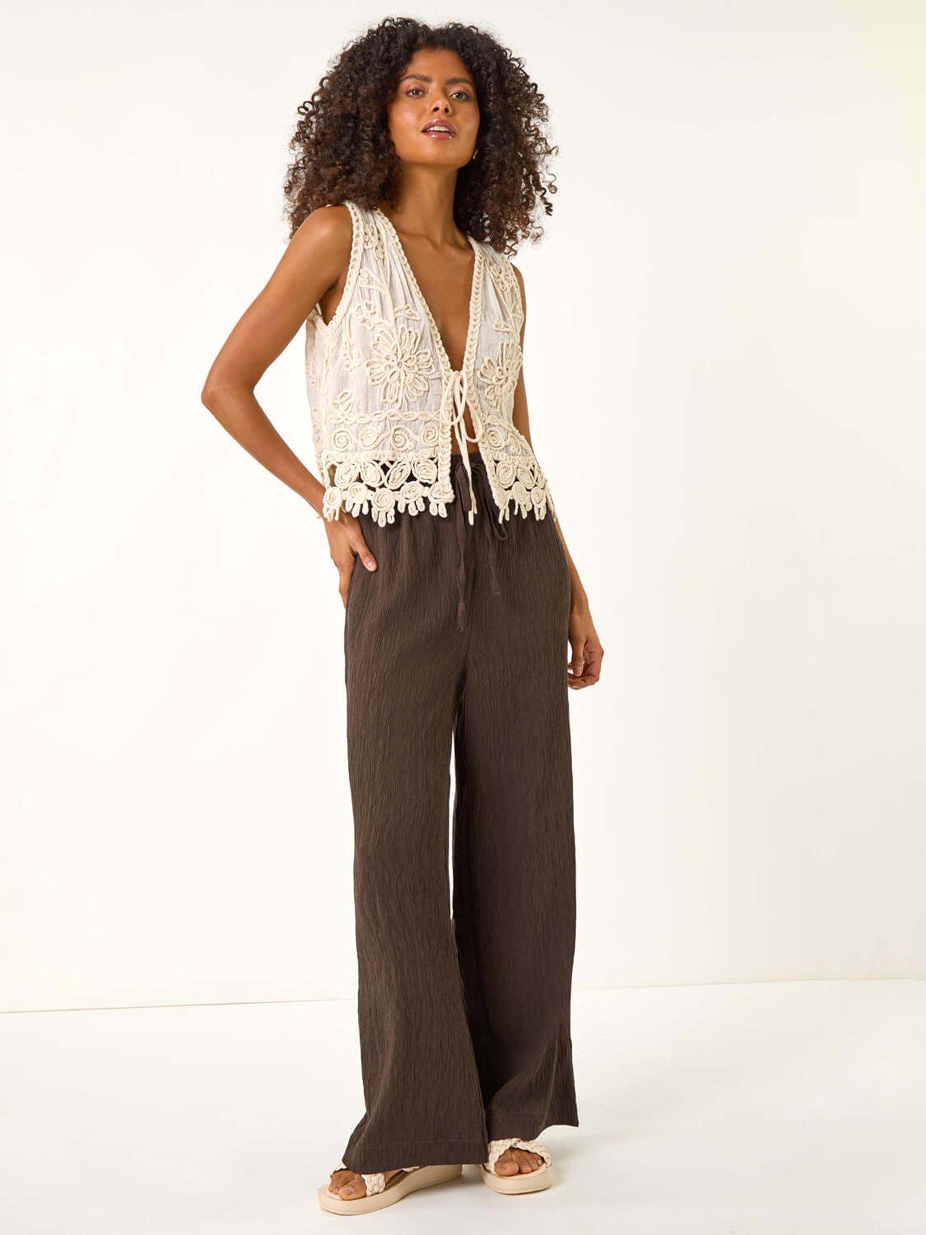 Image 3 of 5 of Roman Dusk Textured Elastic Waist Trousers - Brown