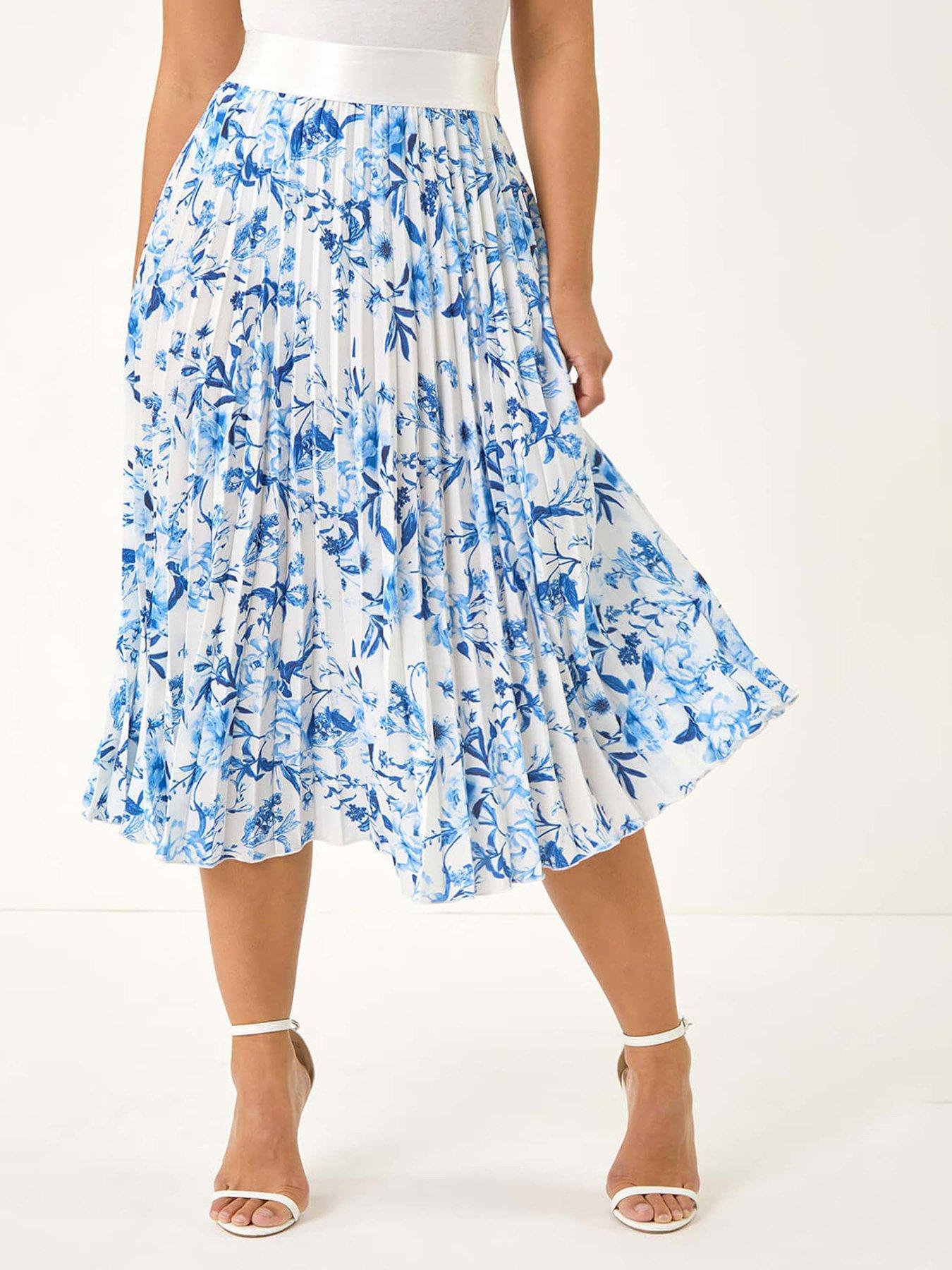 undefined Petite Floral Pleated Midi Skirt - Blue