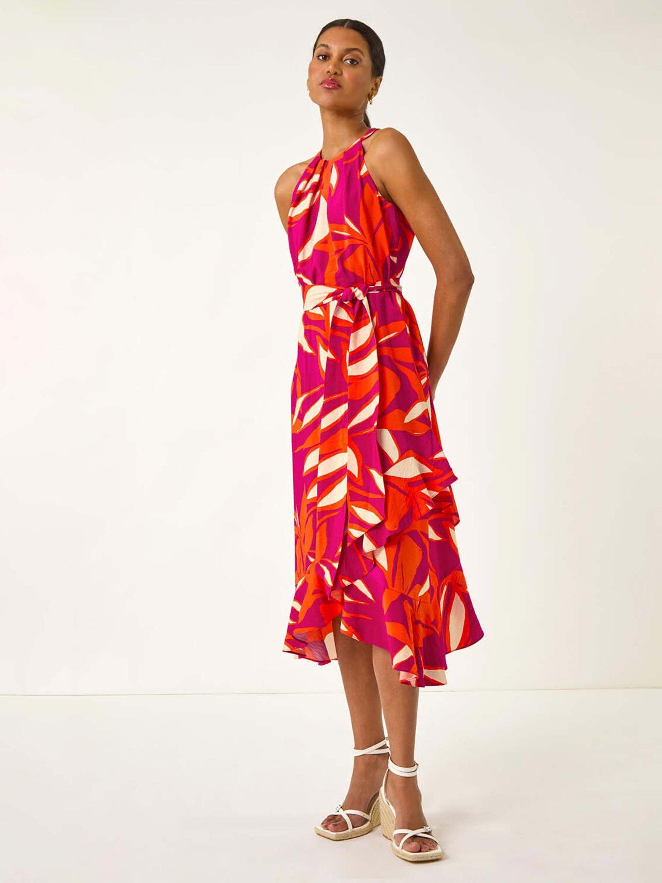 undefined Floral Print Frill Wrap Midi Dress - Cerise